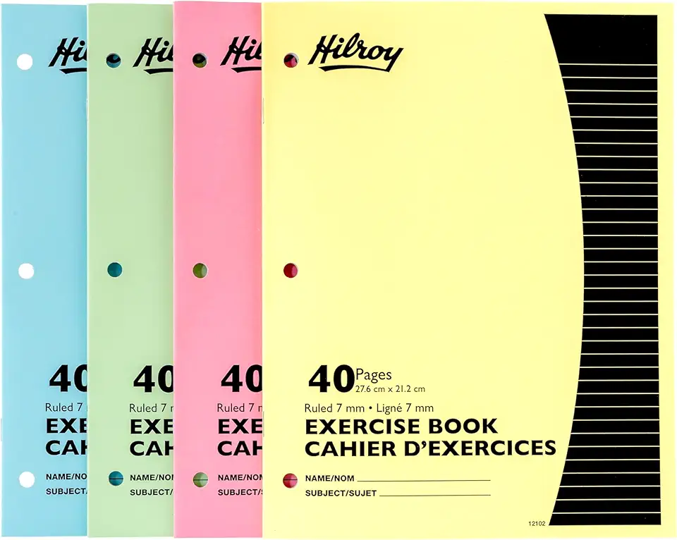 Hilroy Stitched Exercise Book, 3-Hole Punched, 4-Pack, 40 Pages/20 Sheets, Assorted Colour Covers (12102)