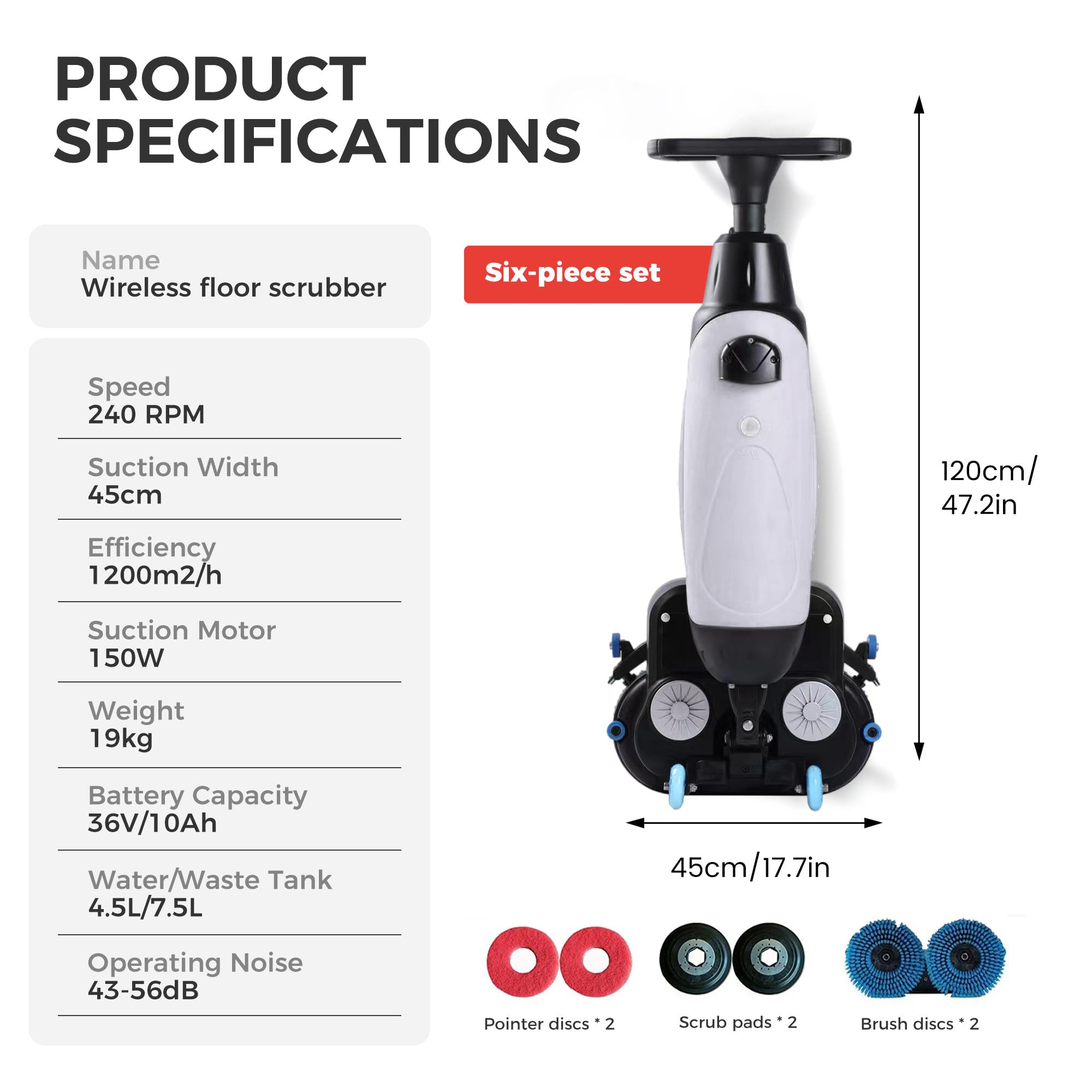 fregadora de Suelos, fregadora Industrial, Ancho de Limpieza 17", cepillos Dobles, Cabezal Giratorio 360°, fregadora y abrillantadora, para Uso doméstico, Oficina, hotelero White-6PieceSet