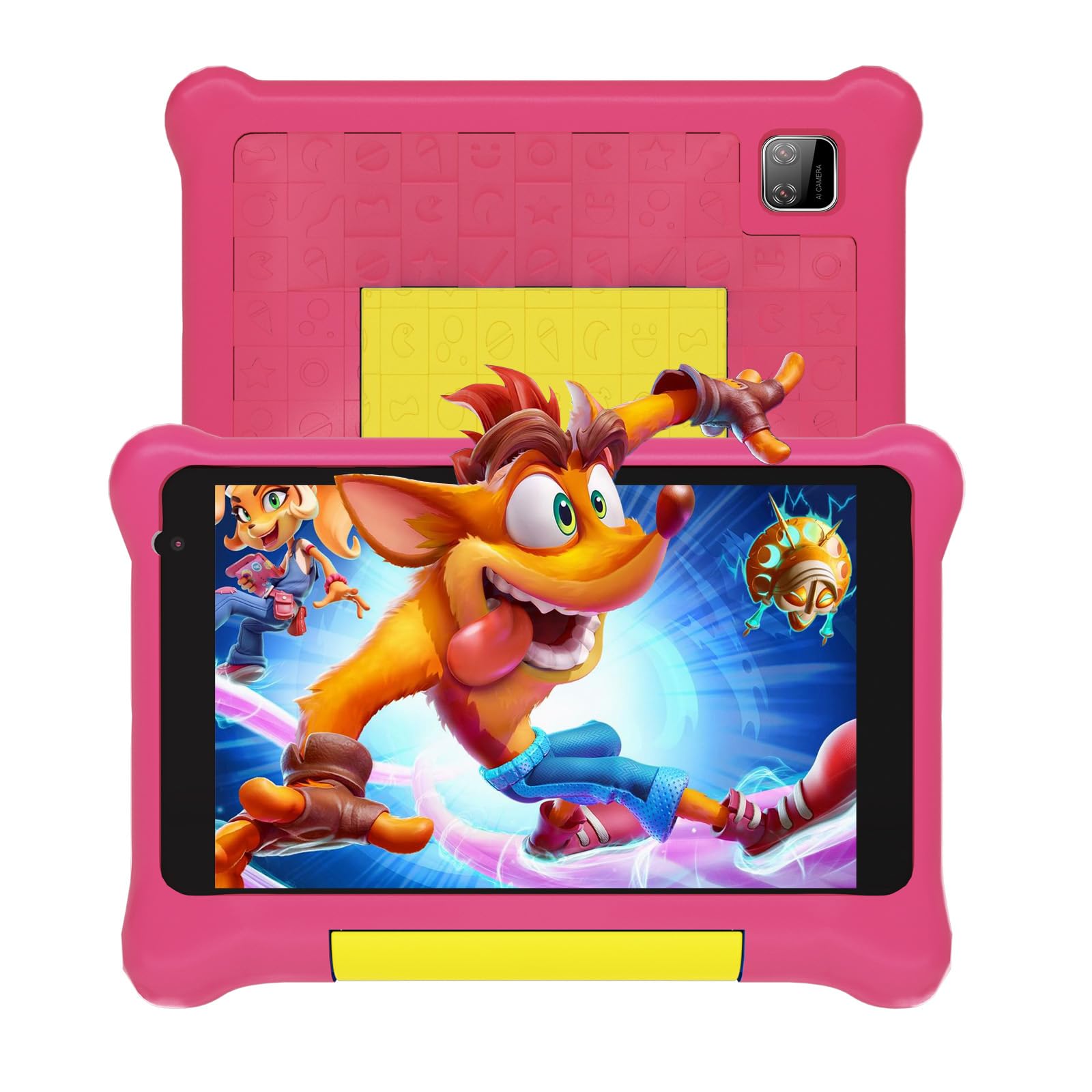 Yicty Tablet dla dzieci 7 cali, system Android z kontrolą rodzicielską i edukacją dzieci, Bluetooth, WiFi, podwójny aparat, GMS, pokrowiec odporny na wstrząsy (różowy)
