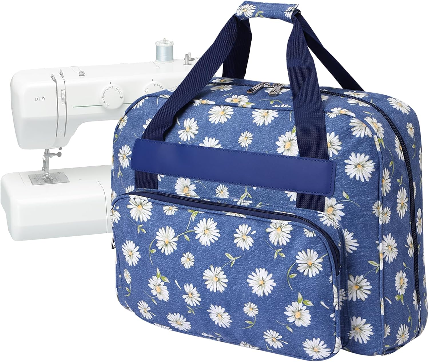 Sewing Machine Carrying Case, Universal Tote Storage Bag with Pocket & Handle, Portable Hanging Tote for Small Sewing Machines, Blue Daisy, 43x32x21 cm, Formal with dragonfly design