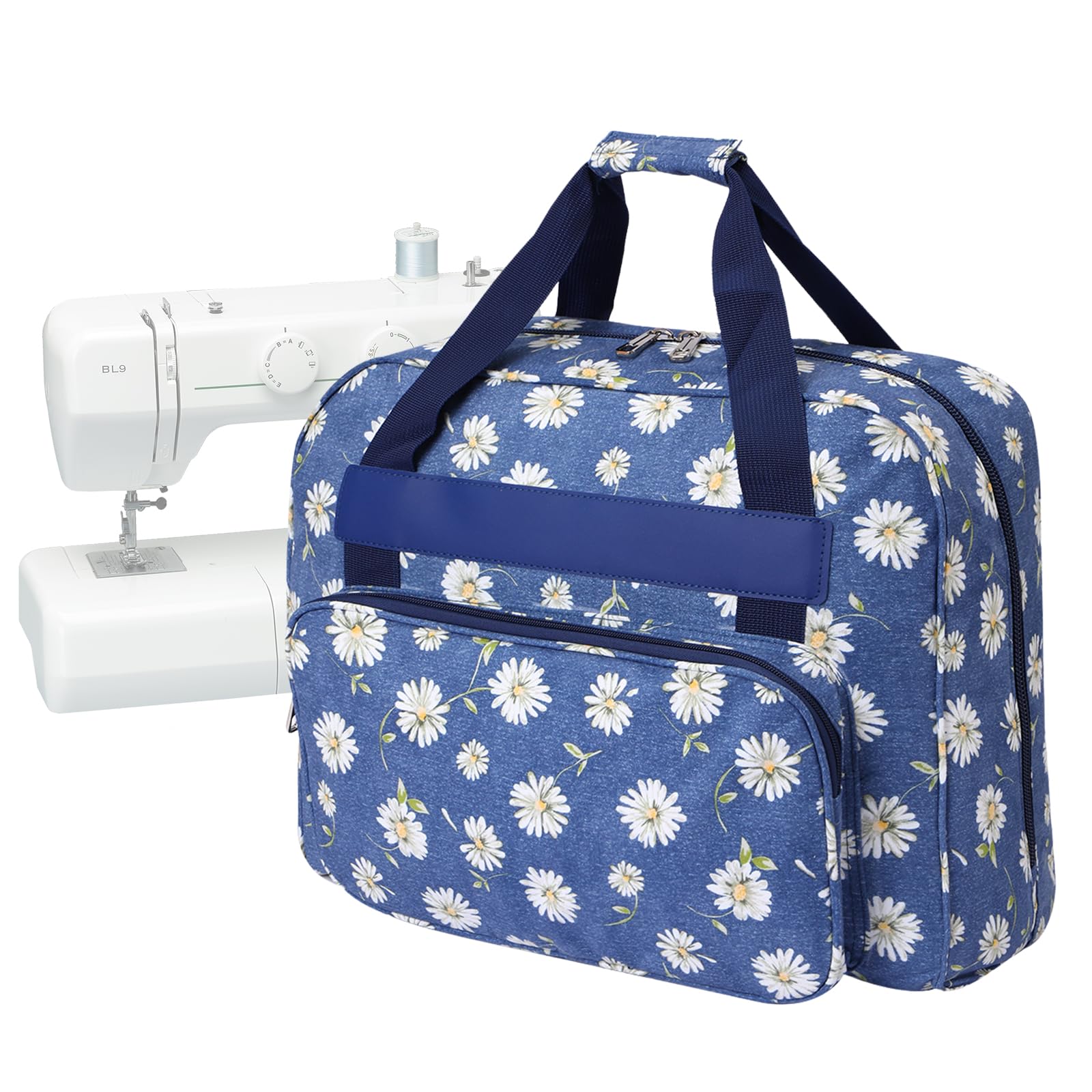 Custodia per macchina da cucire, borsa universale con tasca e manico, borsa portatile da appendere per piccole macchine da cucire, margherita blu, 43 x 32 x 21 cm