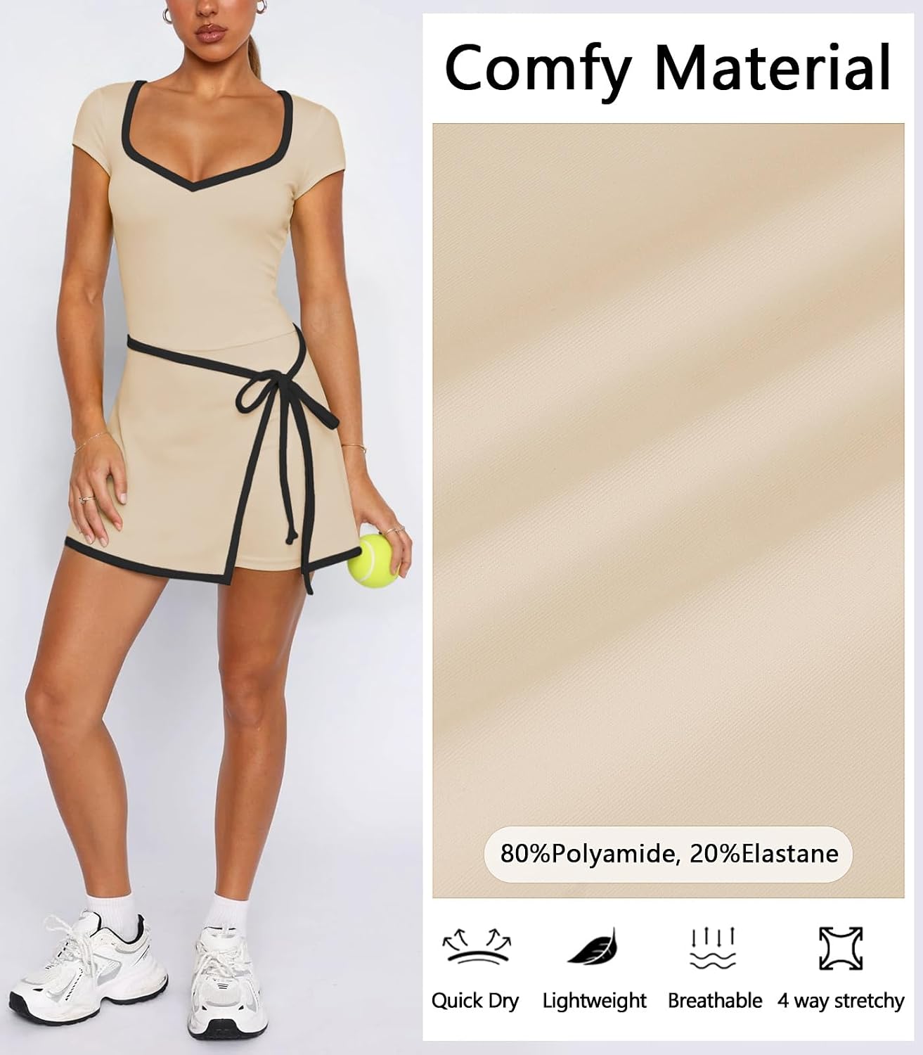 Women Sweetheart Neck Short Cap Sleeves Tennis Dress Tie Cinched Waist Golf Workout Open Back Romper Skort with Shorts