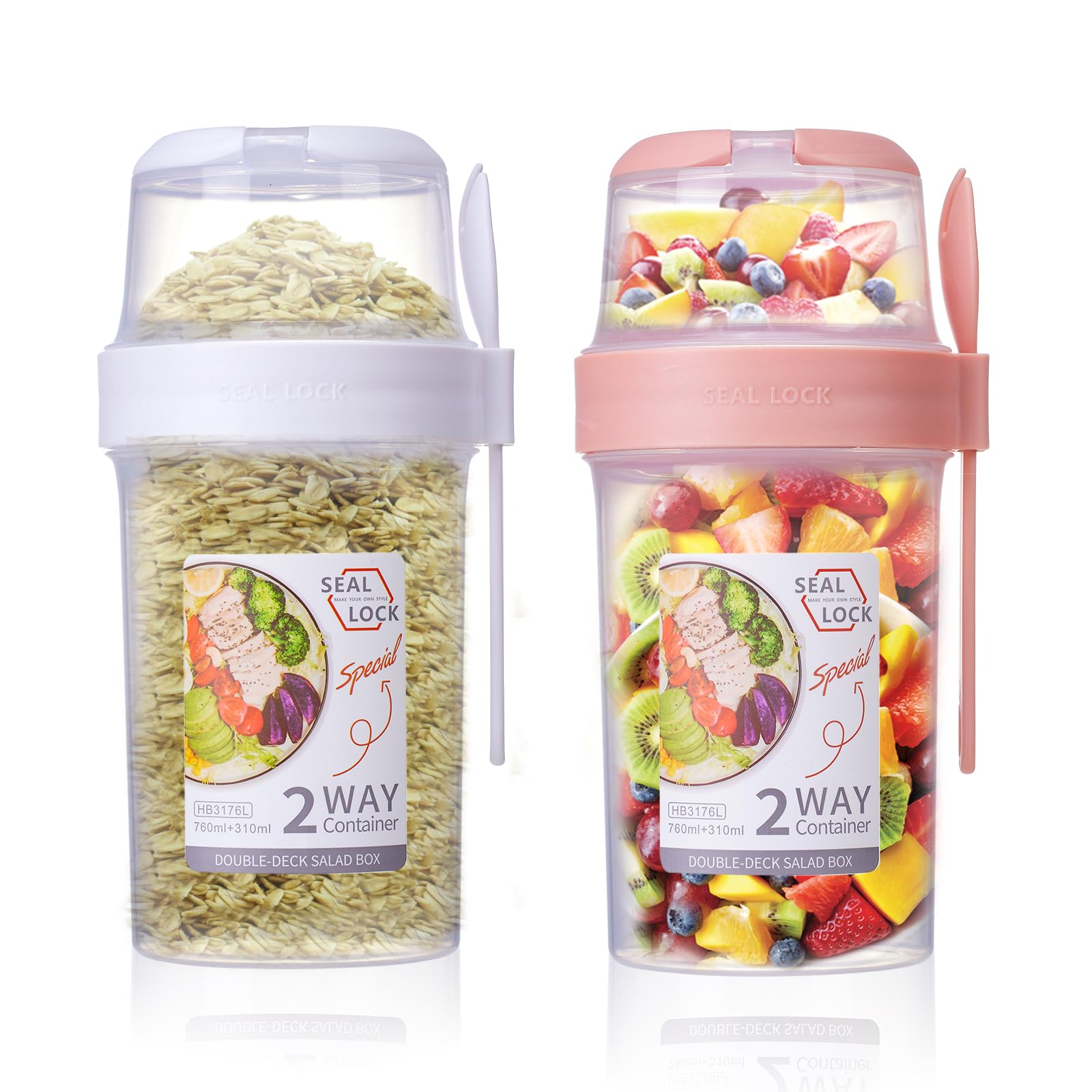 Osrioal 2 Pcs Overnight Oats Jar, Leakproof Breakfast Pots, Large Reusable Yogurt Pots with Lid and Spoon for Cereal Salad Yoghurt, On the Go Container for School Office