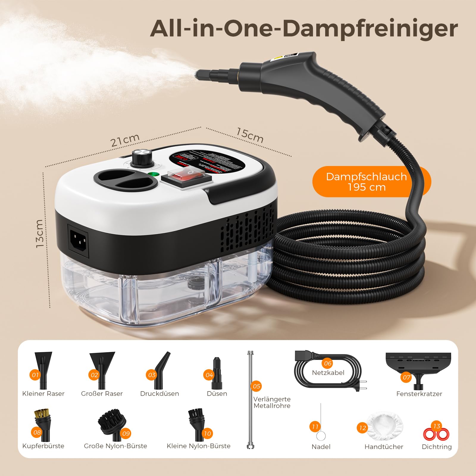 Dampfreiniger Handgerät, 2500W,Chemikalienfreier Handdampfreiniger –Hochdruck-Dampf gegen Schmutz Fett & Bakterien, 3 Bar Steam Cleaner für Haushalt, Küche, Bad, Fenster, Polster & Auto