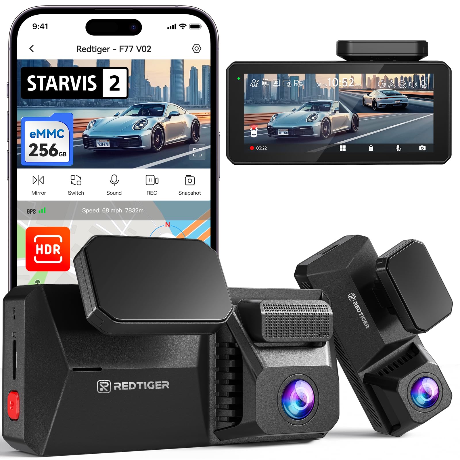 REDTIGER Dual 4K Dash Cam with 256GB eMMC, STARVIS 2 IMX678 Front and Rear Dash Camera with Dual HDR, Voice Control, 4'' Touch Screen, Built-in 5.8GHz WiFi GPS, HDR Night Vision (F77 V2) F77