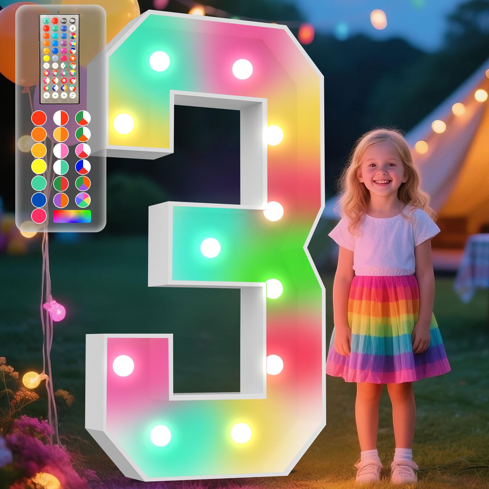 Ledido 4FT Marquee Light Up Numbers, 34 Colors Changing Marquee Numbers 4 Feet Tall with Remote, Big Numbers for Party Wedding Graduation Birthday Decoratoons, Large Light Up Number 3