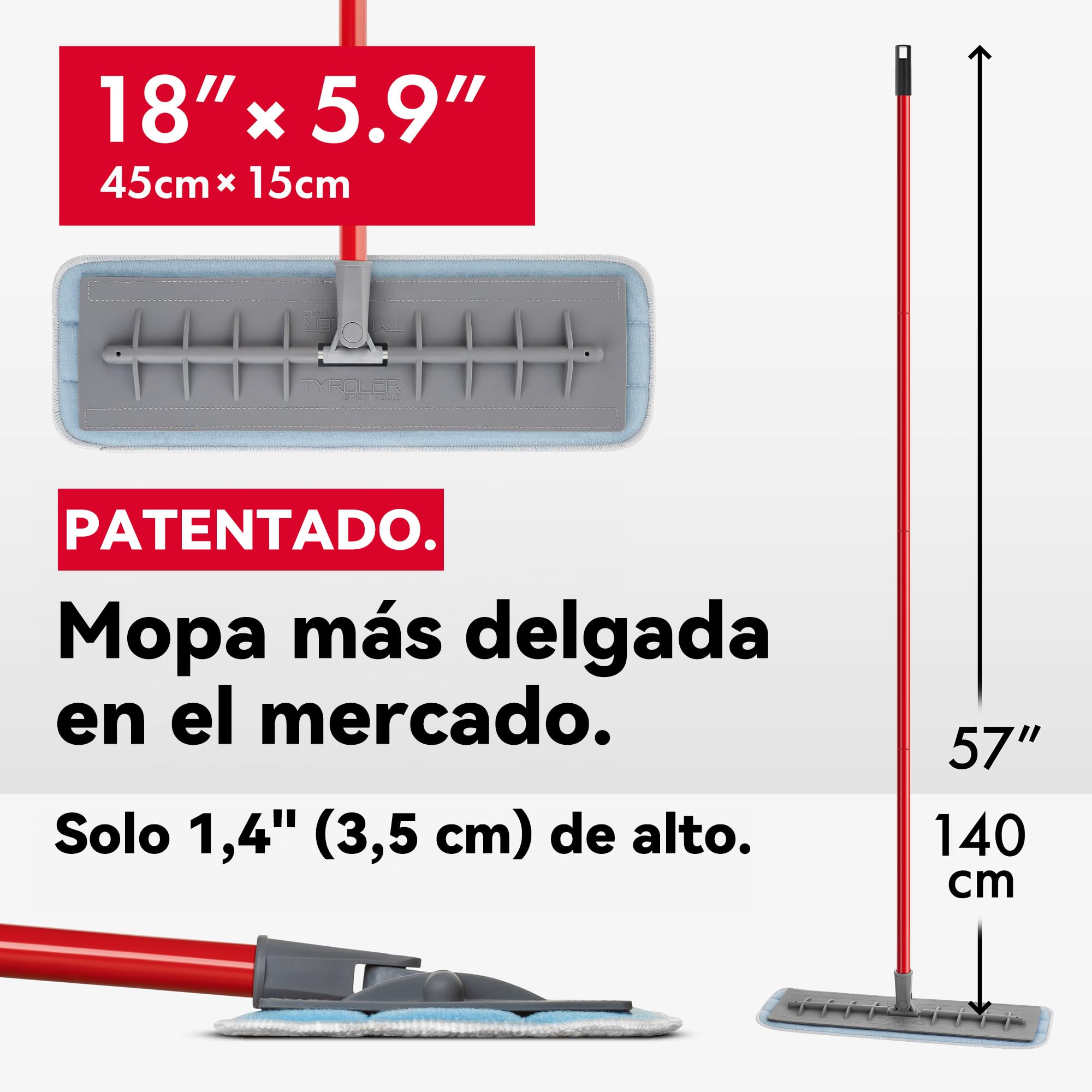 Tyroler Mopa de Microfibra 45 cm de Ancho Cabeza de Silicona Flexible | | Limpieza Profesional del Hogar para Suelo de Madera, Laminado, Baldosas, Cocina, Baño