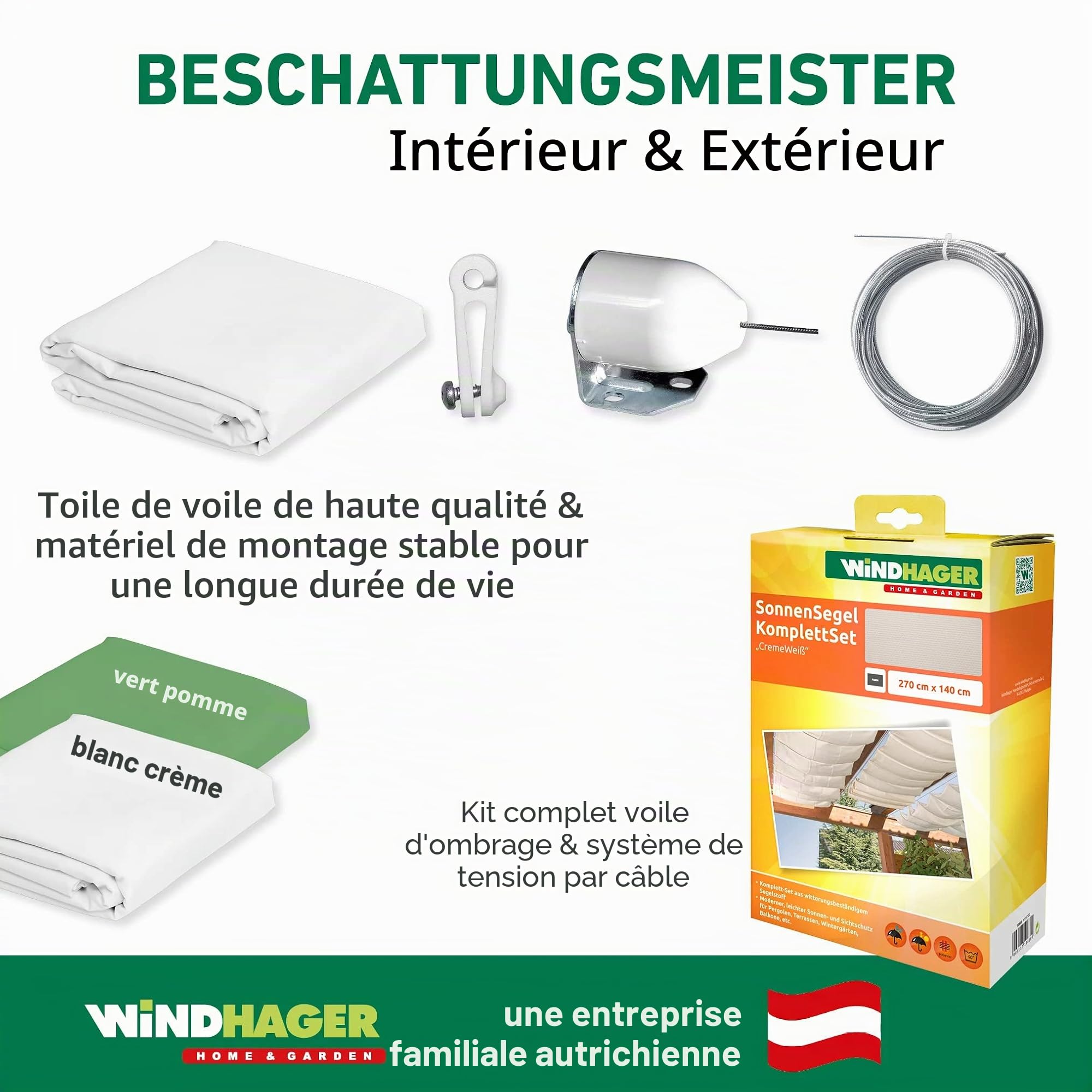Windhager Voile Pare-Soleil pour la Technique de Tension de Corde, Idéal pour Pergola Ou Véranda pour Une Protection Solaire Idéale, 270 x 140 cm, Blanc Crème, 10868