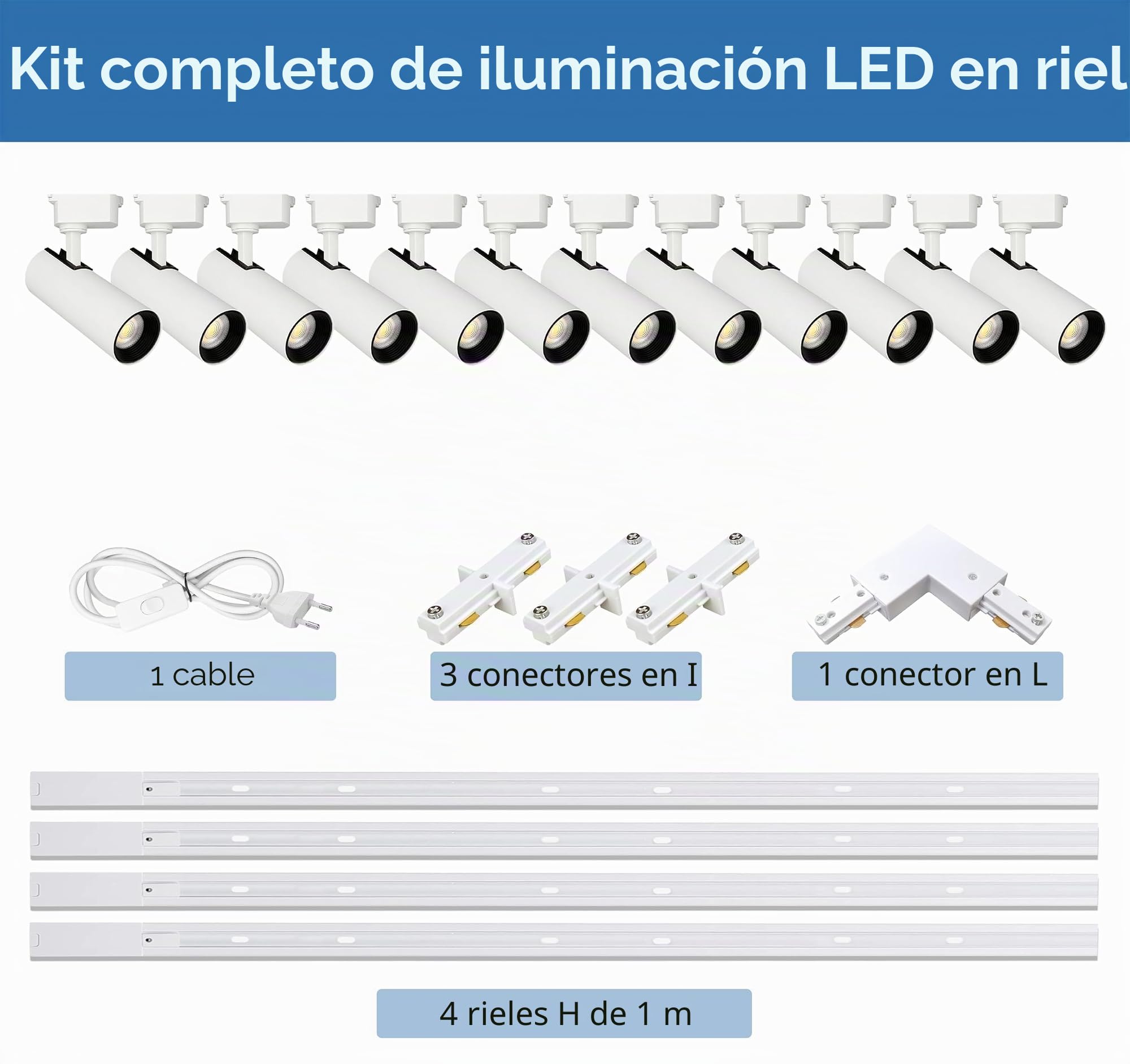 focos led interior techo kit completo de iluminación de riel 12 luces ,Track Lighting plafon foco techo lampara industrial techo de ángulo ajustable,20W 3000K cálido,de riel adicionales de 4m