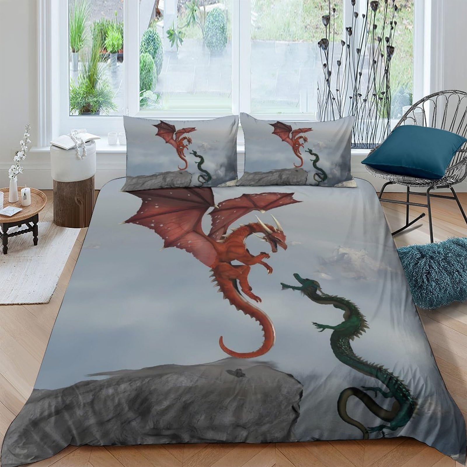 Ctjqhvkz Style-6 3D Printed Red Dragon Fitted Sheet Microfiber Soft Breathable Green Serpent Mattress Cover Bedroom Decor Single（135X200cm）