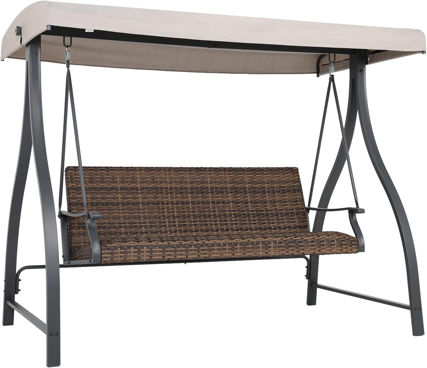 Aoodor 3-Seat Outdoor Rattan Patio Swing with Adjustable Canopy, Quick-Dry Foam & Rust-Resistant Iron Frame, Khaki