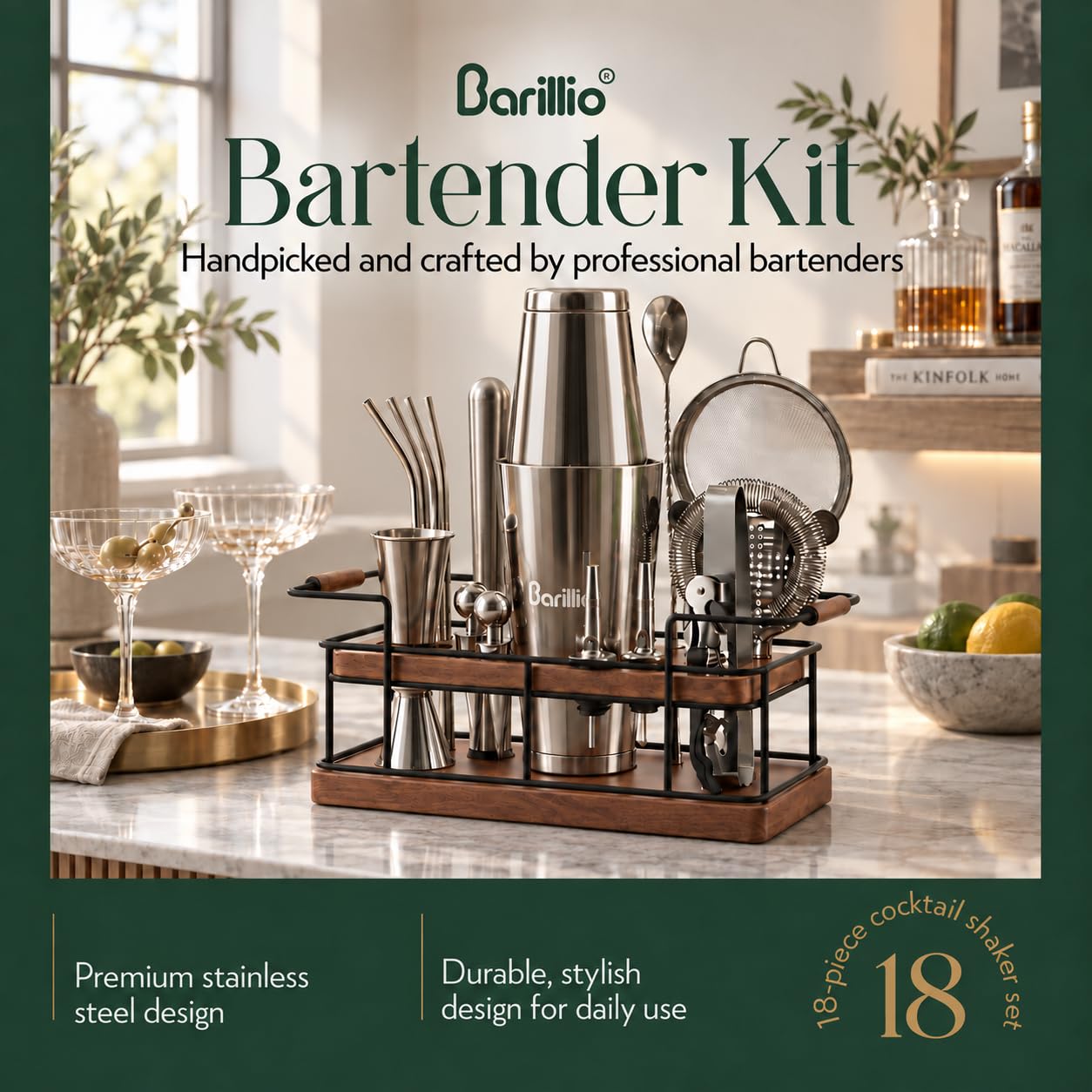 Barillio Bartender Kit – 23-Piece Stainless-Steel Cocktail Shaker Set with Premium African Mahogany Stand | Martini Barware Mixing Tools for Home Bartending | Gift Set — Amazon image 3