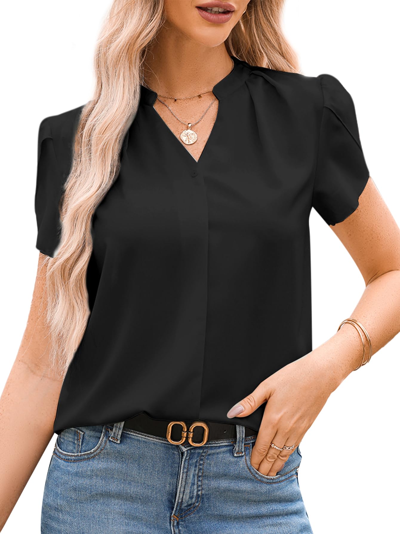 YIJIU Women's Casual V Neck Cap Sleeve Summer Shirts Button Chiffon Dressy Business Work Blouses Top XX-Large Black