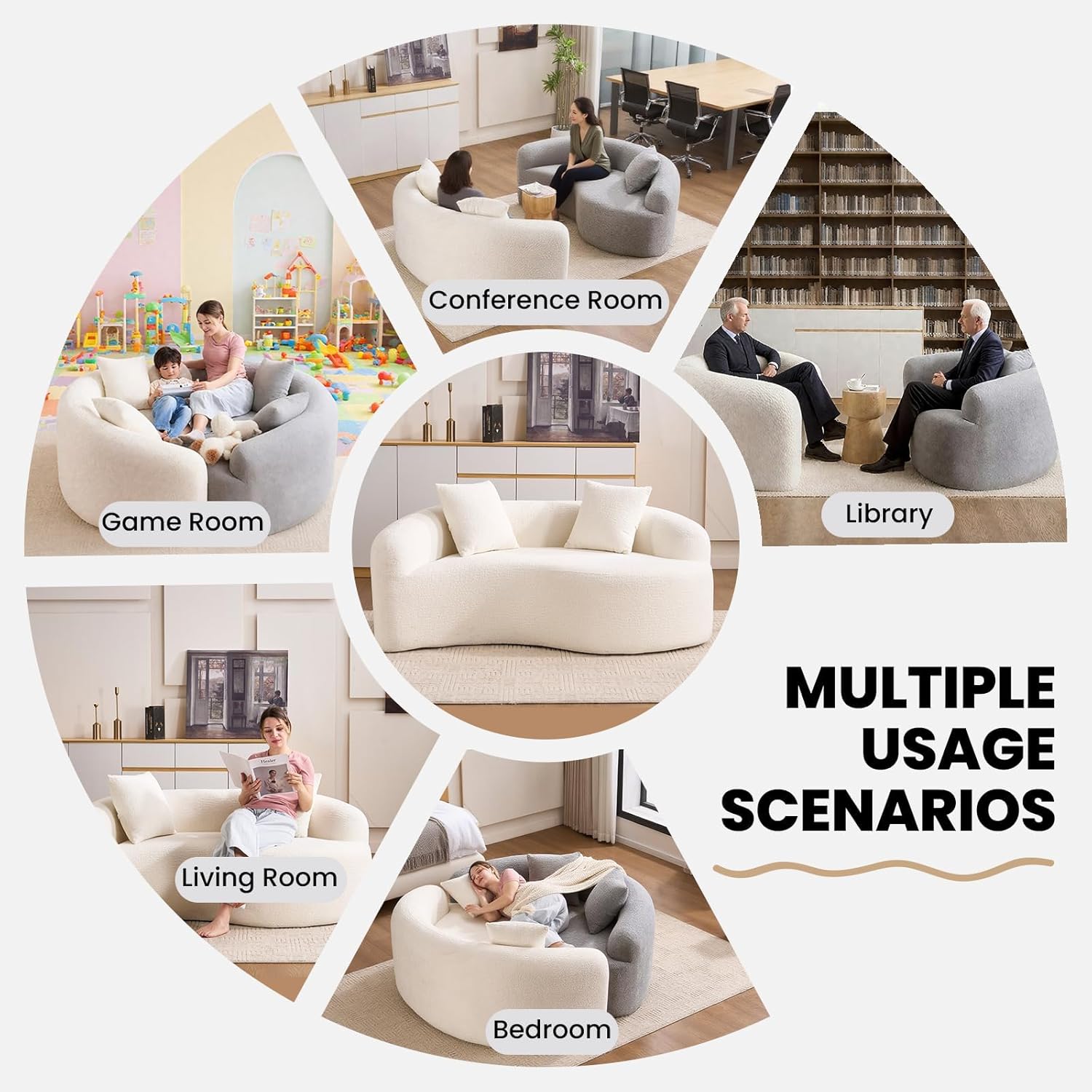 66.9'' Modular Sectional Loveseat, Chenille Upholstered Boneless Curved Loveseat with Deep Seat,Combination Round Sofa for Coffee Shop, Game Room, Office (Cream White, 66.9 Inch)