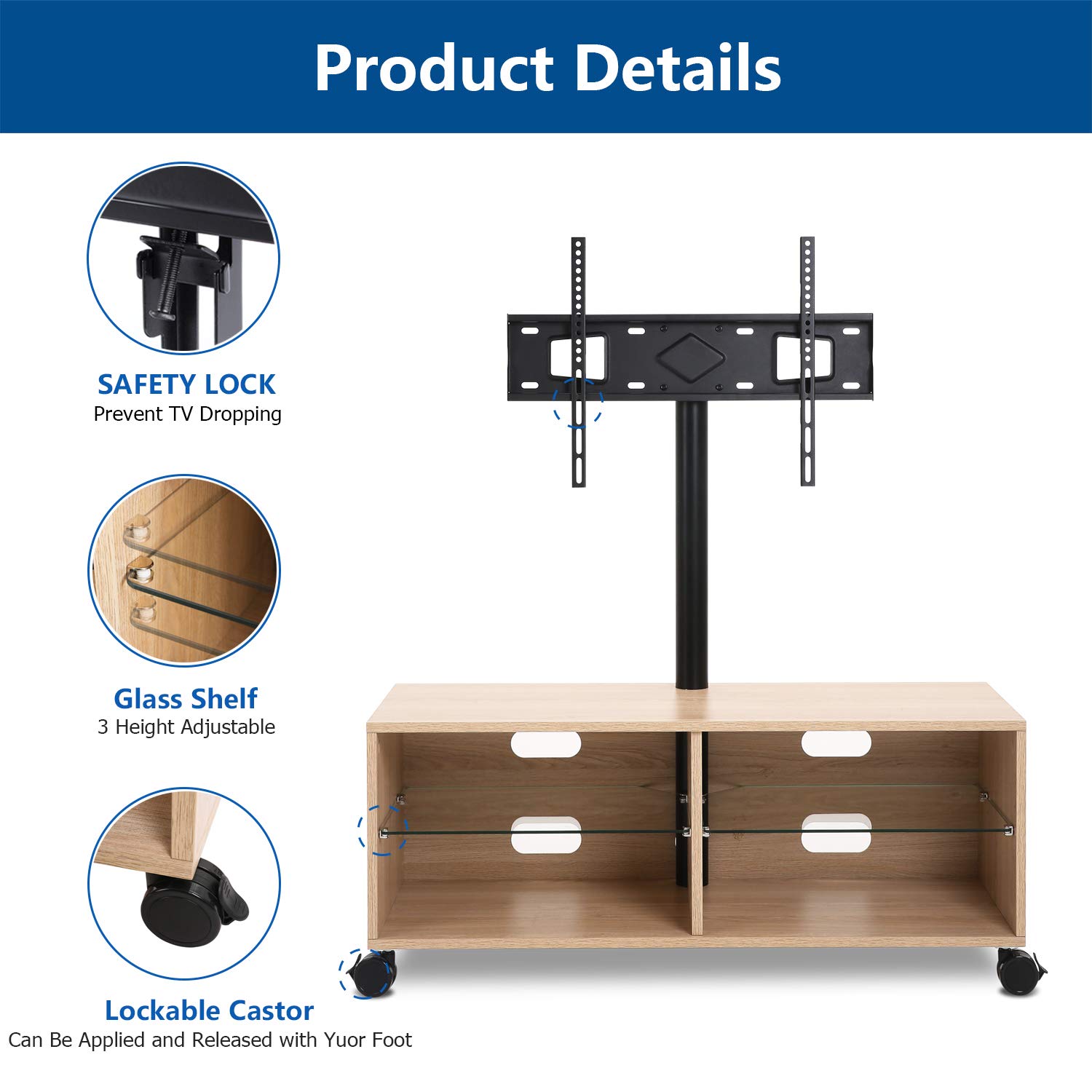 Rfiver Swivel Wood TV Stand on Wheels with Mount for 3265 inch Flat