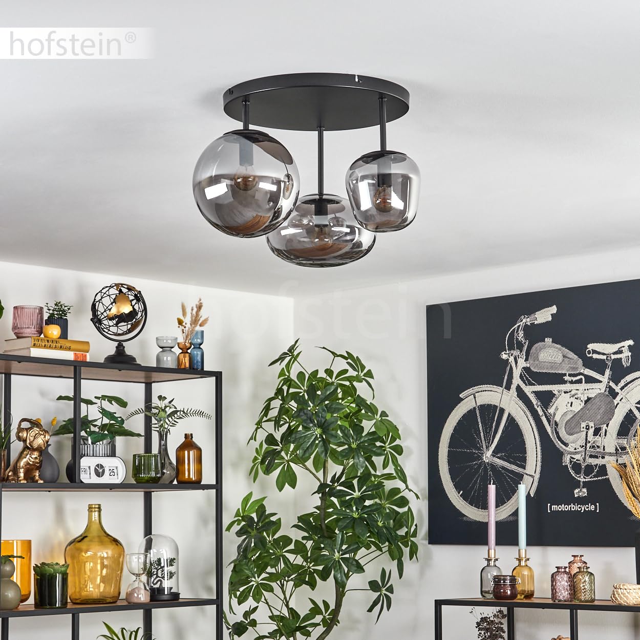 Deckenleuchte Zernez, Deckenlampe aus Metall/Glas in Schwarz/Rauchfarben, Leuchte im modernen Industrial-Design mit Schirmen aus Glas (Ø 19,5 cm; 22 cm; 14 cm), 3 x E14, ohne Leuchtmittel