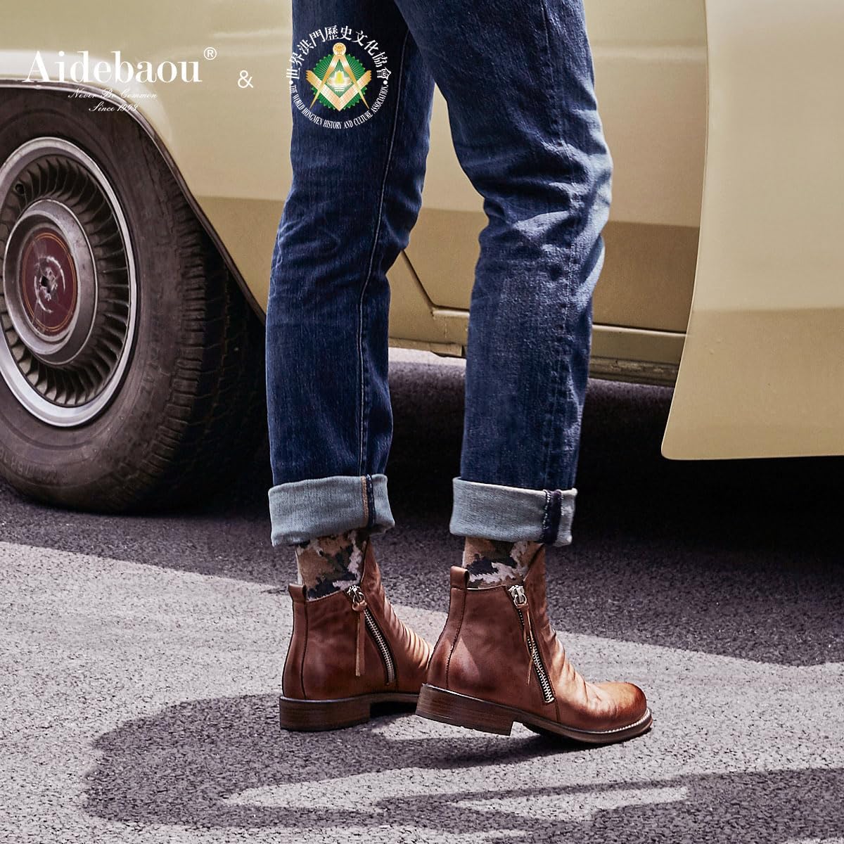 UOQAPRE Work Boots for Men Wedge Work Leather Boots With Side Zipper Men's Motorcycle Boots Adjustable Width System