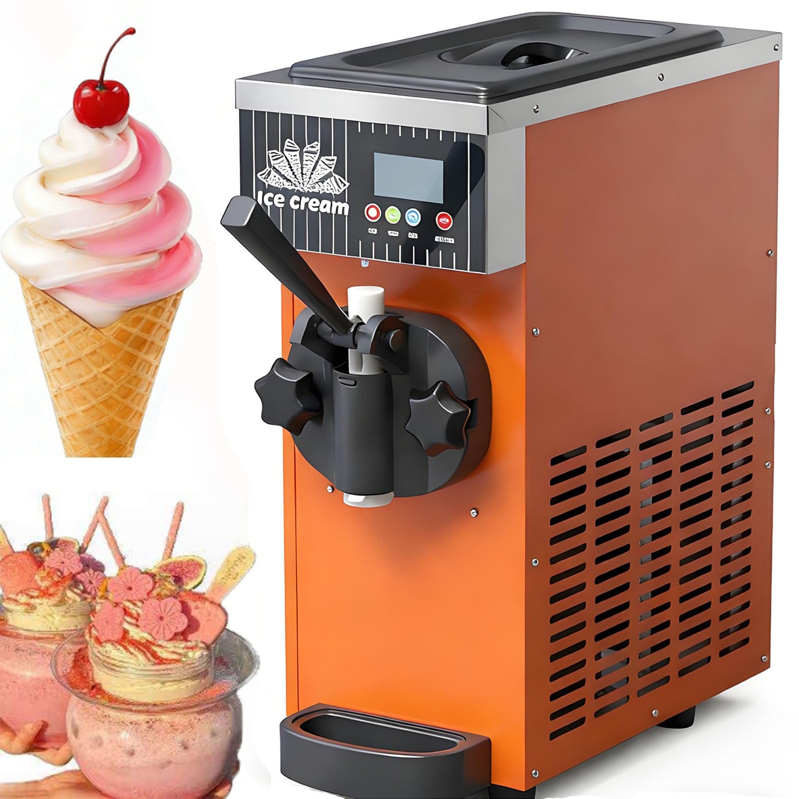 Machine à Glace Italienne Professionnelle 450 W, Machine à Glace Italienne avec pré-Refroidissement, Nettoyage Automatique, écran LCD,pour Restaurants,boutiques,Snacks,Mono-Parfum Orange