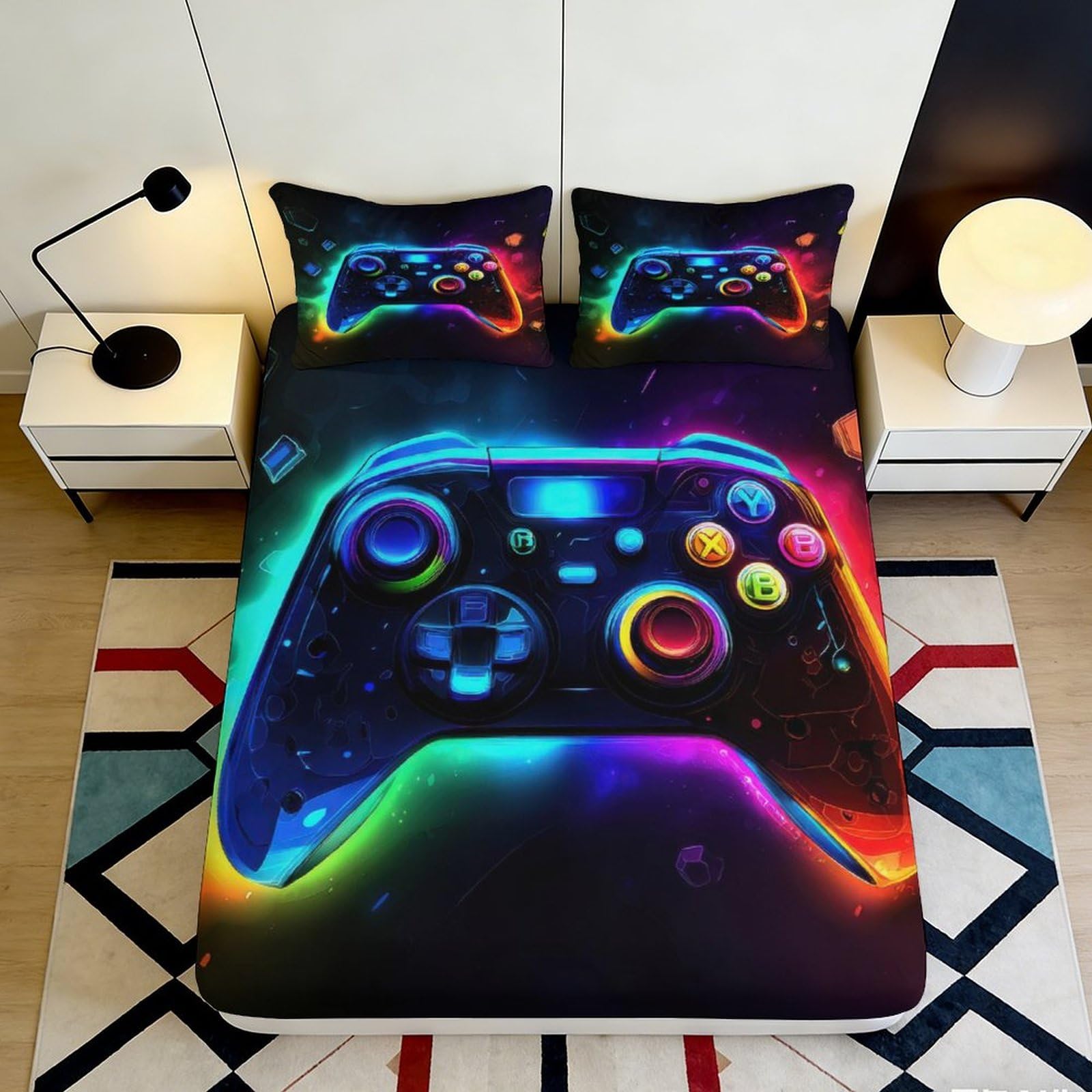 3D Printed Neon Gamepad Fitted Sheet Microfiber Soft Breathable Rainbow Controller Bed Cover for Bedroom Dorm Decor 90x200x25cm