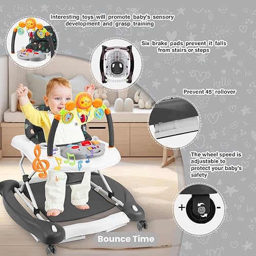 Miniatura 3 de Andador de bebé, 5 en 1 para niños y niñas de 6 a 12 meses, andadores plegables para bebés con gorila y bandeja de alimentación, música, alturas
