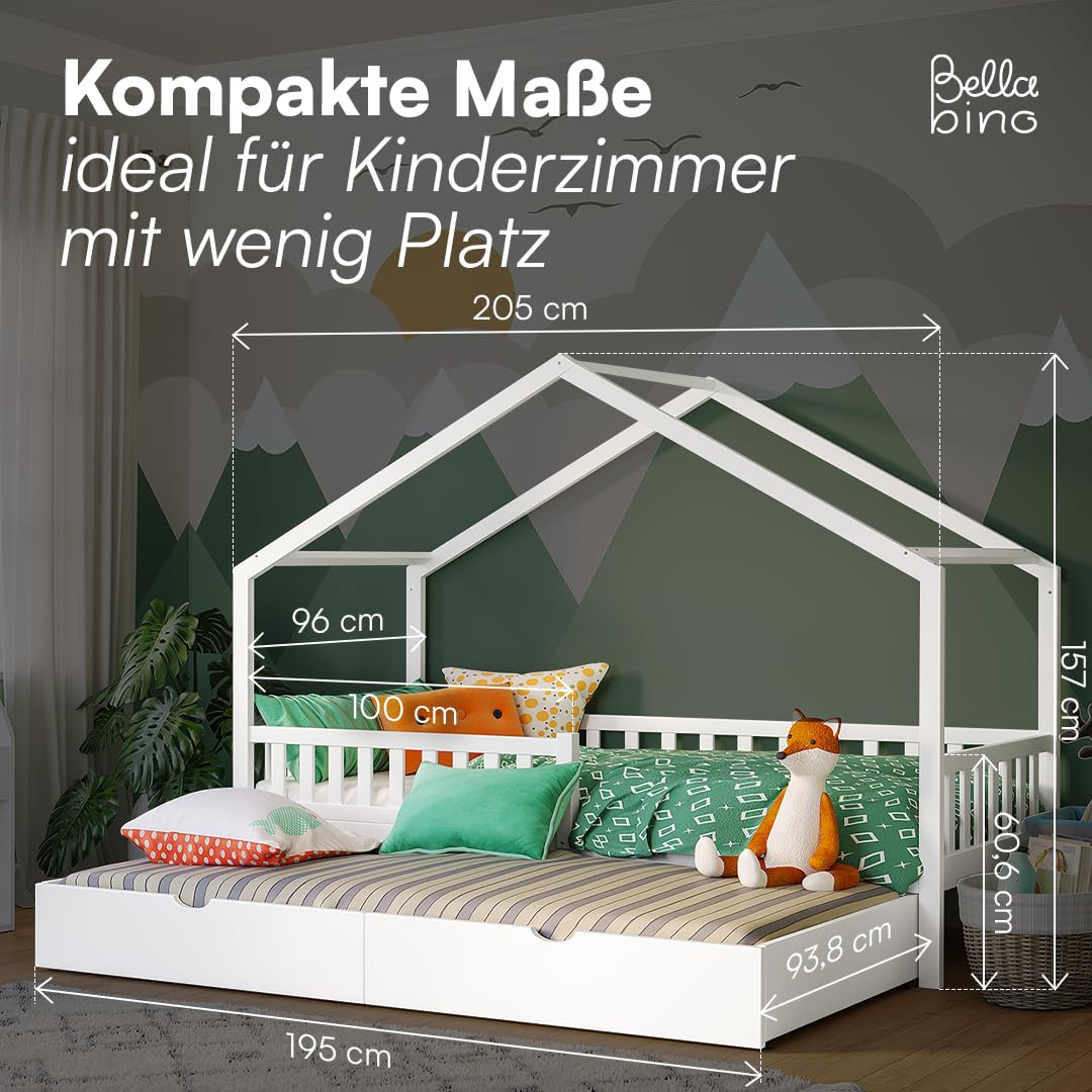 Bellabino Vils Kinderbett 90x200cm, Gästebett & Hausbett, Massivholz Kiefer | Weiß, Kinderbett mit Rausfallschutz & Lattenrost, Montessori-Bett, massives Kieferholz, Bett für Jungen & Mädchen, Bettrahmen