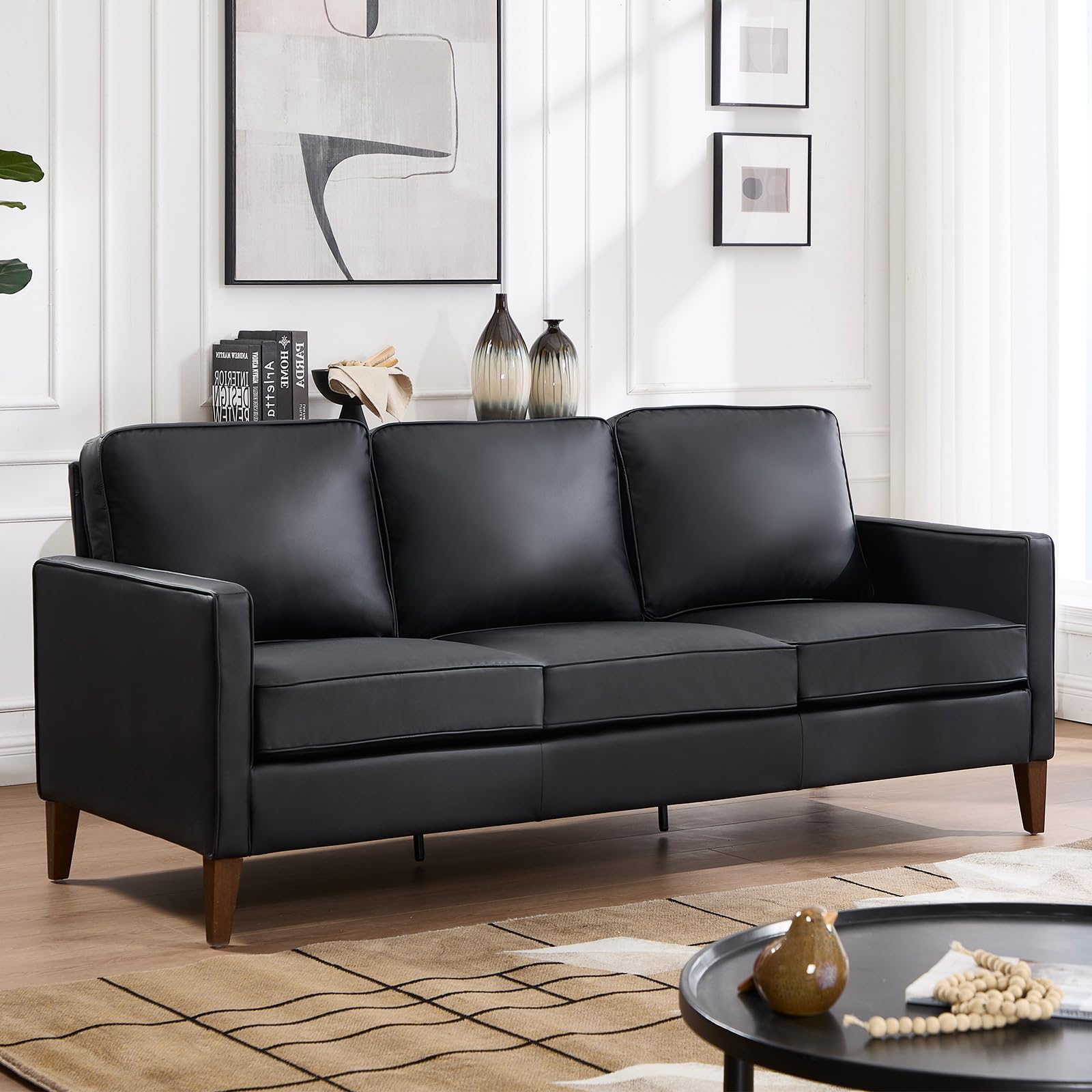 EBELLO 77” Mid Century Modern Sofa Couch, 3 Seater Faux Leather Couches for Living Room, Soft Padded Comfy Cushion, Small Sofa for Small Spaces, Apartment, Bedroom, Black