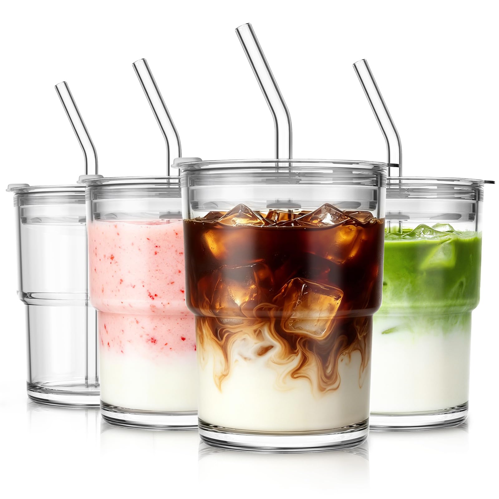 SoulTimes 380ml Glass Tumbler with Lid and Glass Straw Set of 4 – Thick-Walled Iced Coffee Cup, Reusable Clear Glass Cups for Water, Iced Tea, Coffee, Juice, Perfect for On-the-Go & Daily Use — image 1