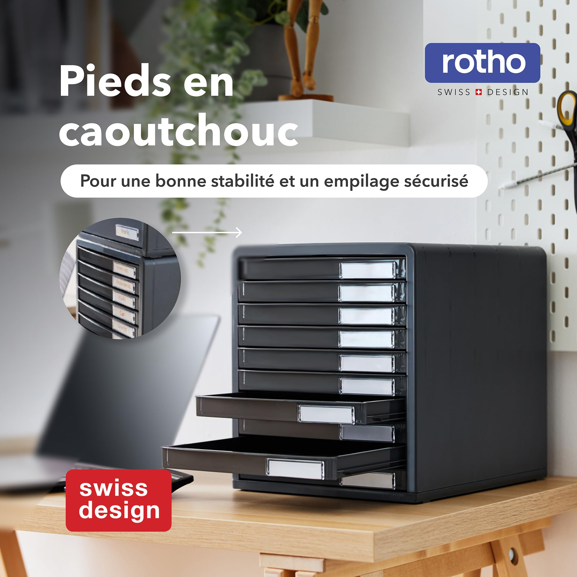 Rotho Timeless Boîte à tiroirs/boîte de bureau avec 10 tiroirs, Plastique (PS) sans BPA, anthracite, (34.5 x 29.0 x 32.0 cm)