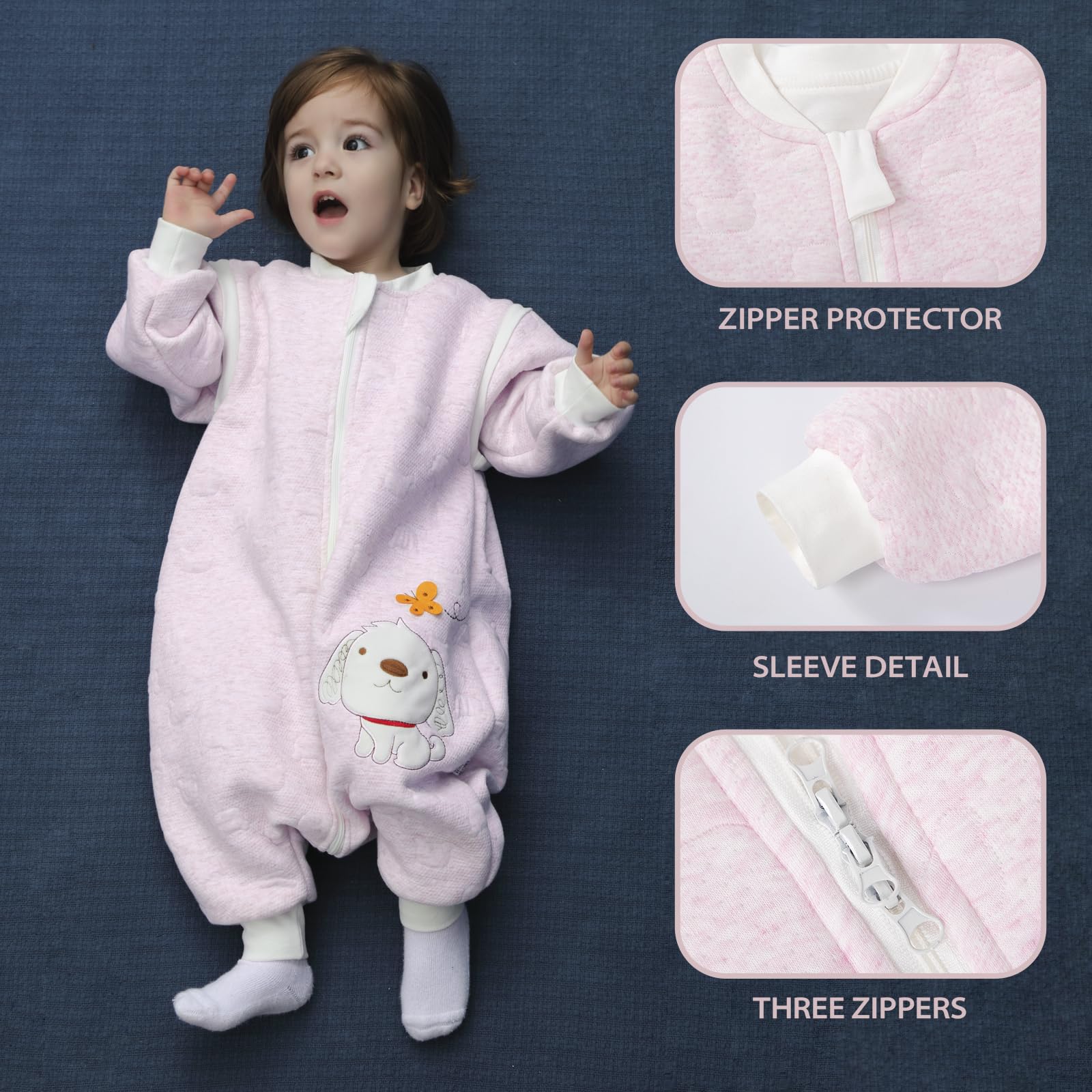 Sacco nanna invernale a maniche lunghe, per bimbe e bimbi, con aperture per i piedi e motivo di cagnolino, in cotone, unisex, per tutto l'anno, Rosa 36-48 Monate