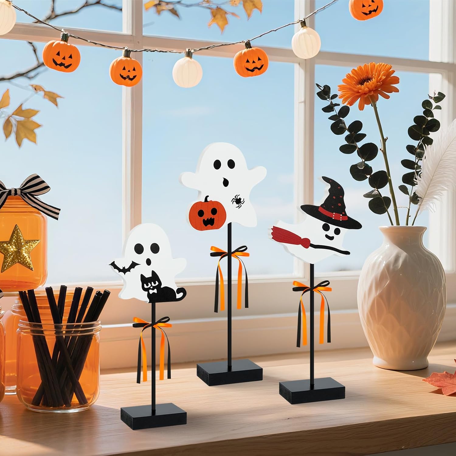 3 Pcs Halloween Wooden Table Decor Wooden Ghost Sign Set Tiered Tray Tall Standing Centerpieces for Home Party Indoor Decor