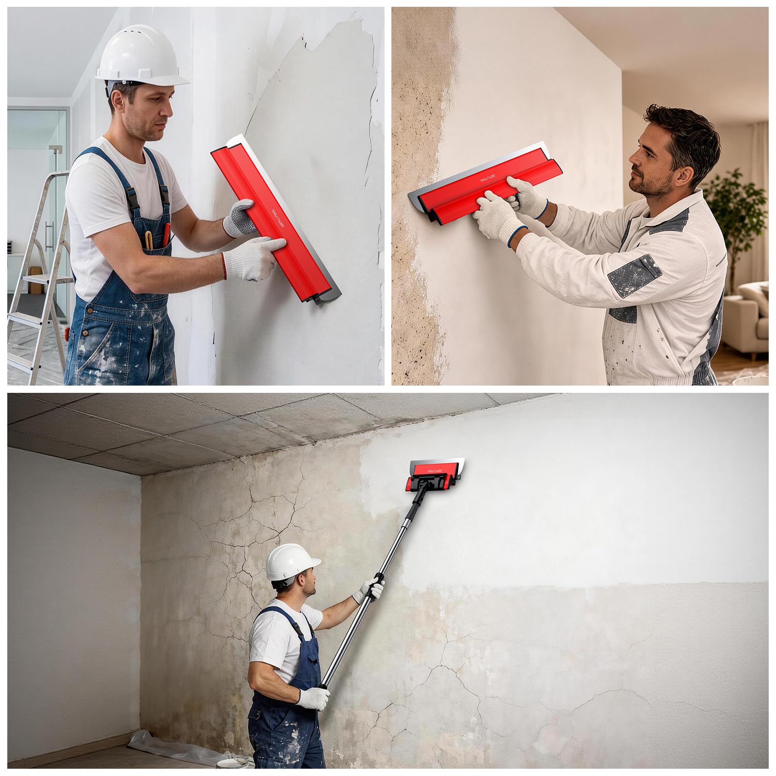 GETLITOOL Set 5 Spatole per Stucco 15-80cm con Lame in Acciaio Inox e Ricambi, Asta Telescopica 80-130cm e Clip, Kit Completo con Valigetta per Pareti e Soffitti in Cartongesso Cemento e Calcestruzzo