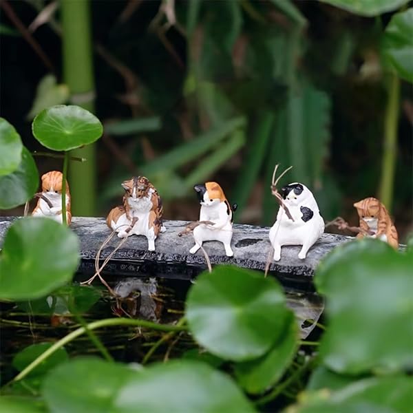 Set di 5 mini statue a forma di gatto pescatore, decorazione paesaggistica per acquario, paesaggio in miniatura per acquario. - 4