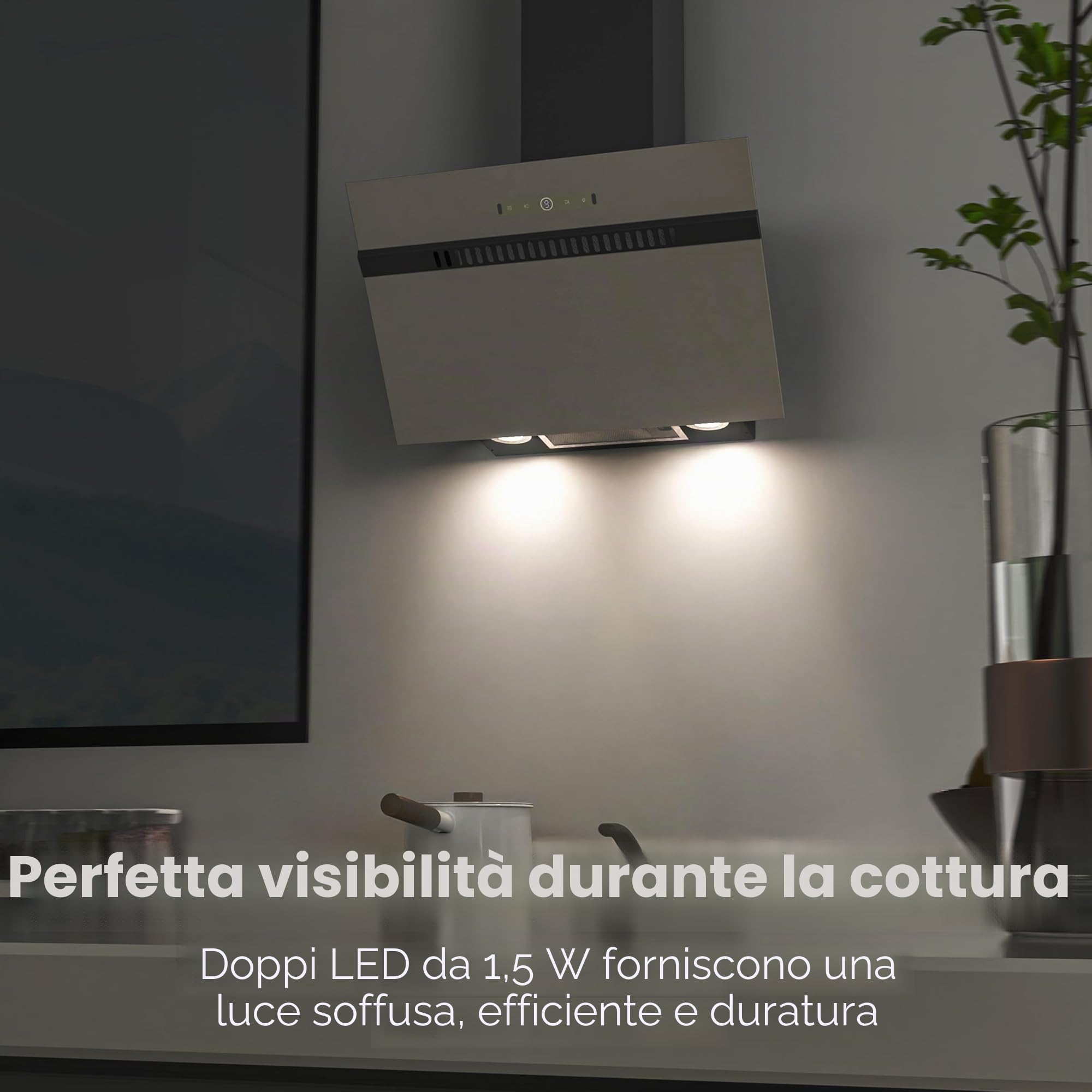 FIREGAS Classe A+++ Cappa Aspirante Inclinata 60cm, 684 m³/h, 9 Velocità, Controllo Touch e a Gesti, Ricircolo ed Estrazione, Cappa Cucina con Filtro a Carbone, Grigio