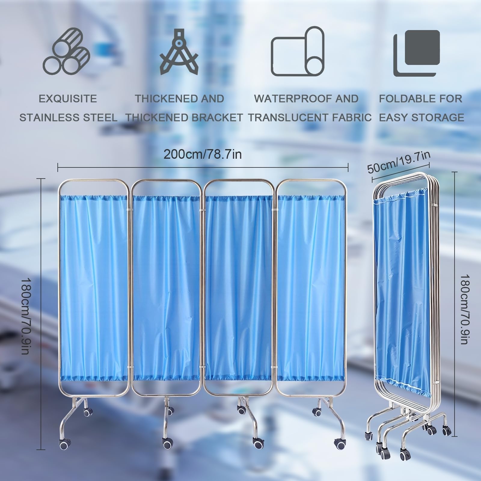 Przenośny parawan medyczny, parawan, składane zasłony z kółkami do sal egzaminacyjnych, szpitali, domów opieki, pogotowia, parawan medyczny (4 panele)