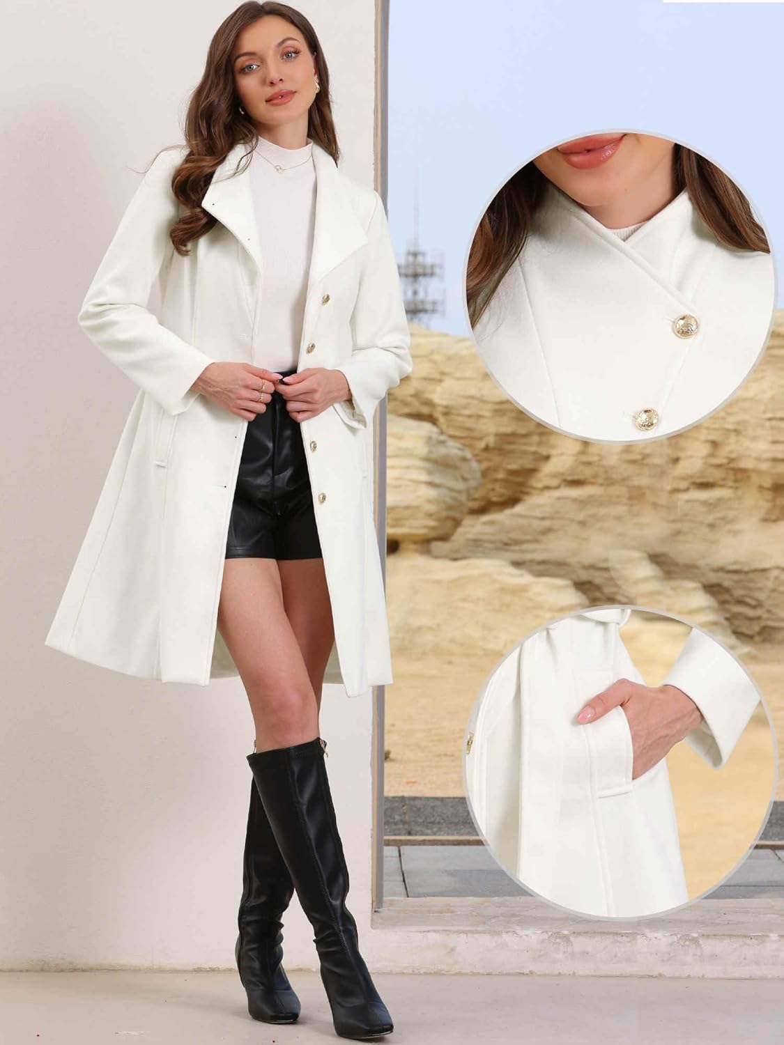 Allegra K Pea Coats for Women Long Winter Stand Collar Belted Single Breasted Trench Coat 2025 - Image 4