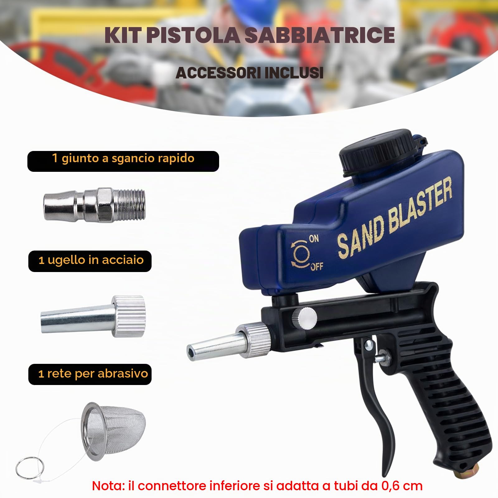 Kit Pistola Sabbiatrice per Compressore d'Aria, Sabbiatrice Manuale per Metallo, Legno e Vetro, Sabbiatrice Pneumatica Portatile per Rimuovere la Ruggine fino a 120 PSI, Macchina Sabbiatrice a Soda