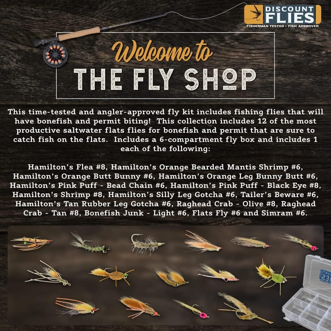 12-Piece Bonefish & Permit Fly Fishing Kit - Assorted Saltwater Flies + Fly Box - Realistic Fly Fishing Accessories