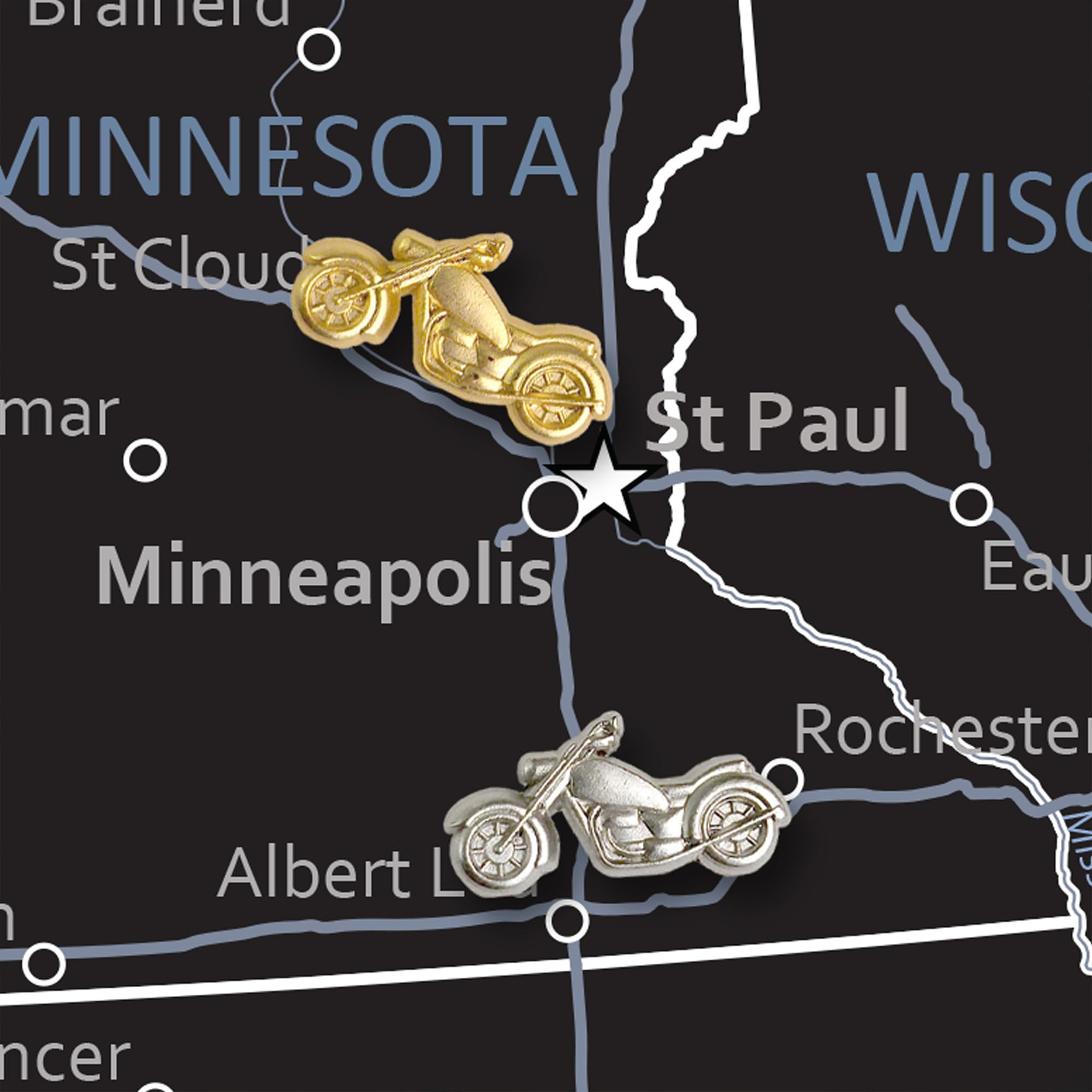 Motorrad-Pinnnadeln – Gold Metall Motorrad Pins – für Korktafel, Karten oder Anstecknadeln – entworfen in den USA – 20 Stück