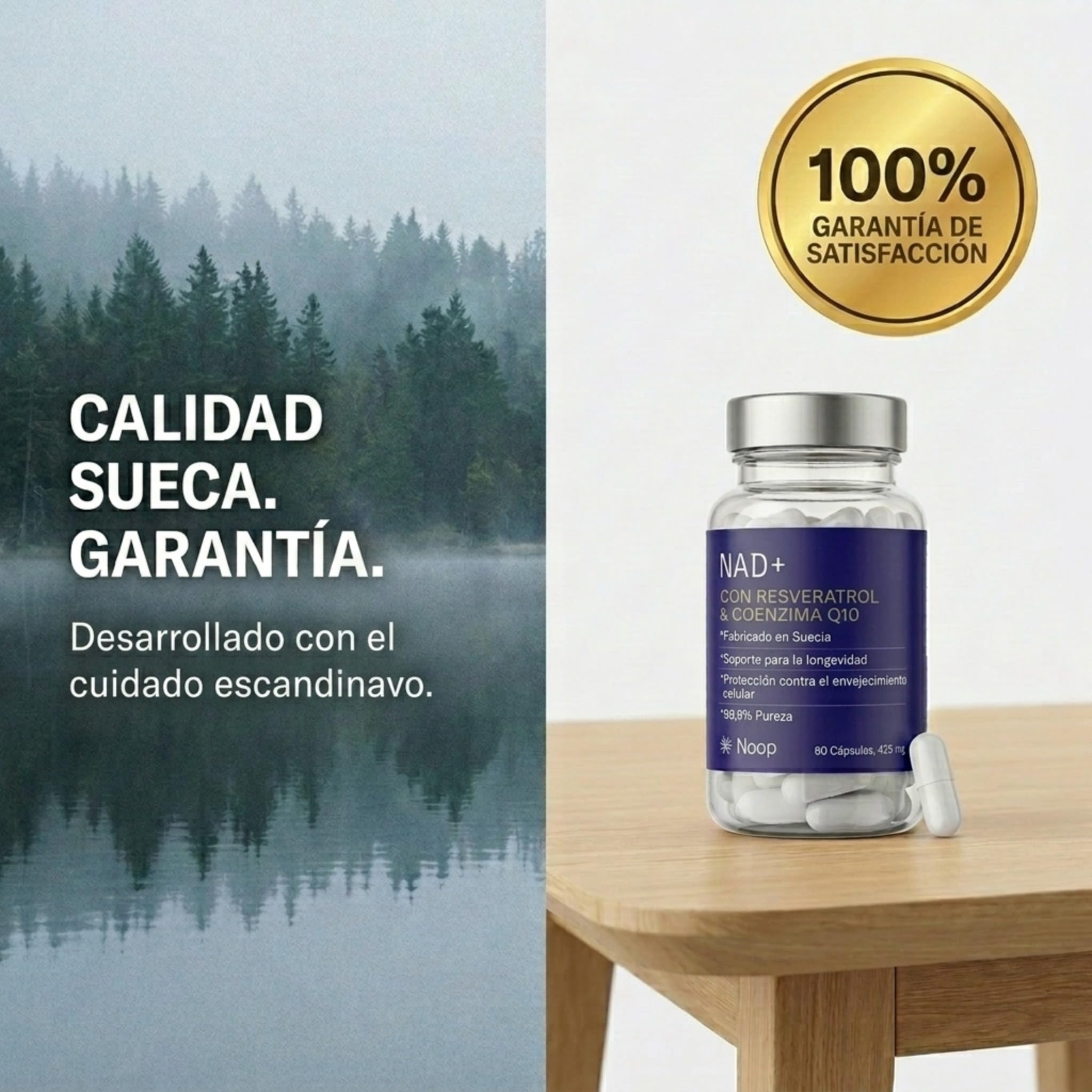 NOOP NAD Plus Complejo con Resveratrol y Coenzima Q10 Suplemento Alimenticio Premium Anti-Envejecimiento con Propiedades Antioxidantes Vegano y Analizado en Laboratorio, Hecho en Suecia