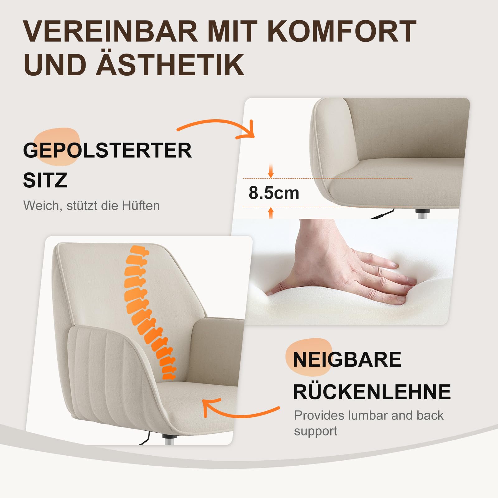 Schreibtischstuhl Bürostuhl Homeoffice bis 136kg Drehstuhl Samt Schminkstuhl mit Armlehnen Rollen Ergonomisch Bequem Frauen Mädchen Vanity Chair Höhenverstellbar Schlafzimmer Heimbüro Weiß