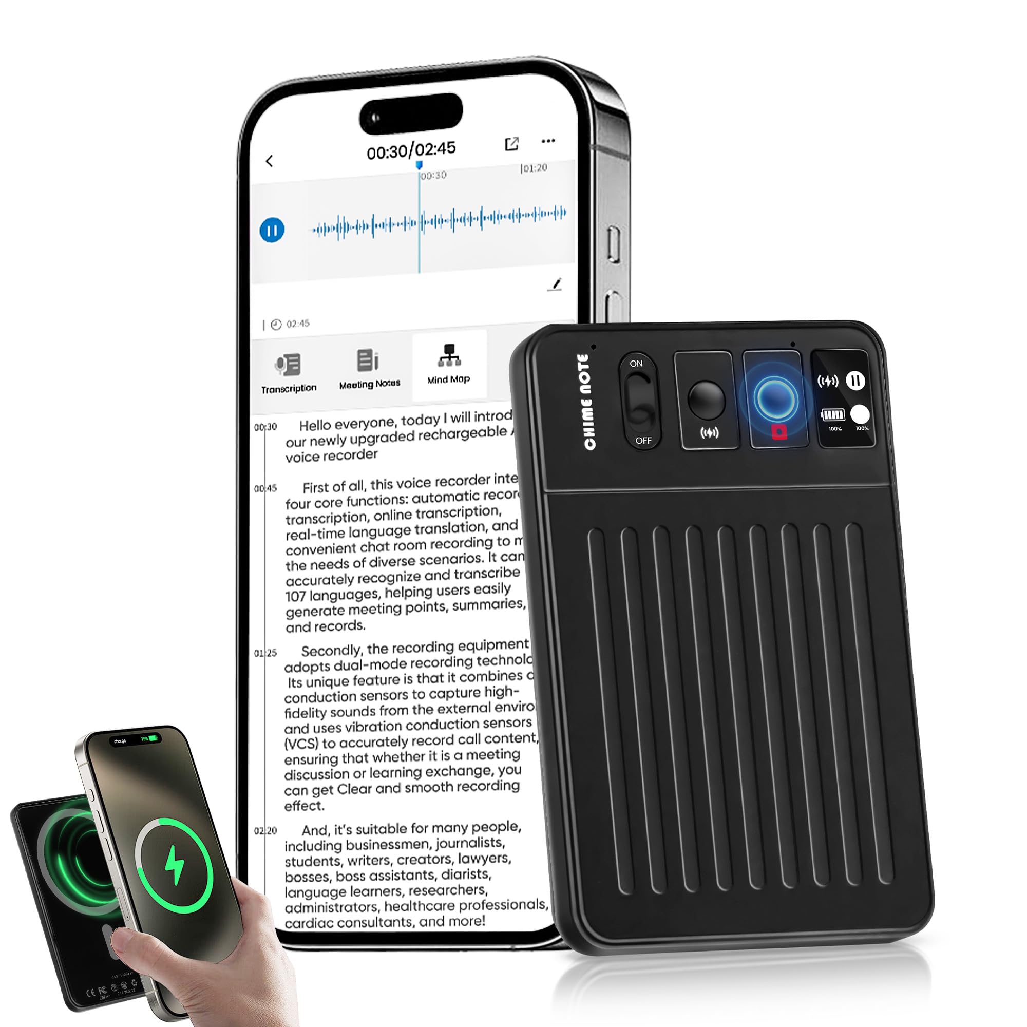 Grabadora de voz con IA, grabadora de voz digital magnética con transcripción y resumen potenciada por ChatGPT, grabadora de audio para conferencias, reuniones, llamadas, grabadora de audio portátil
