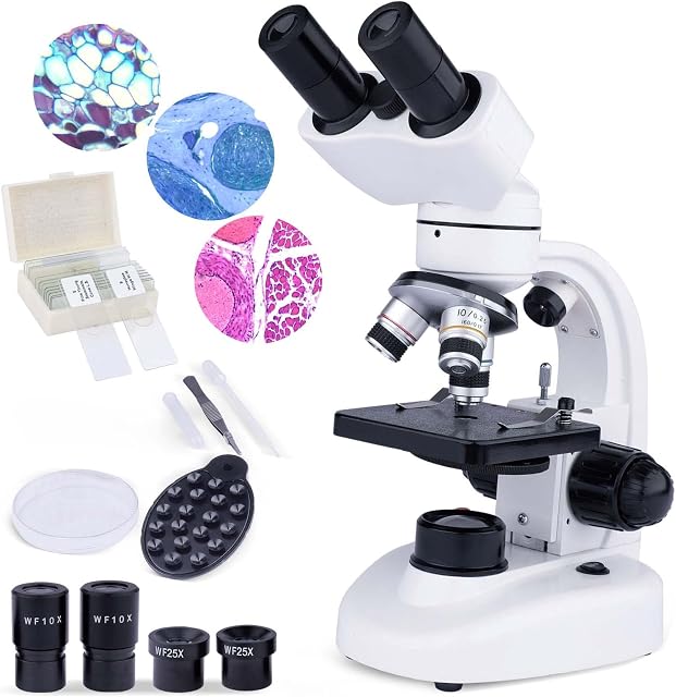 USCAMEL 40X-1000X Magnification LED Binocular Compound Microscope,Professional Compound Microscope with Wide-Field 10X 25X Eyepieces,Microscope Slides,Phone Adapters,Cleaning Paper