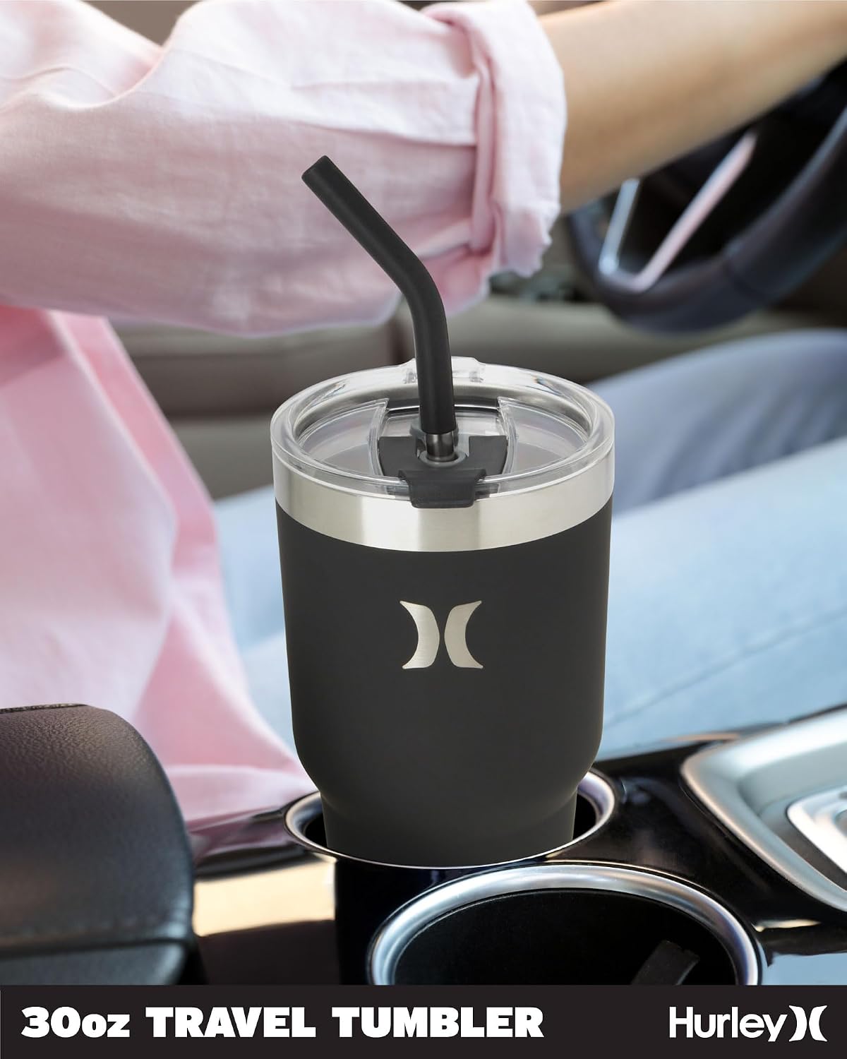 Hurley Tumbler Thermos – 30oz Double Wall Vacuum Insulated Travel Mug – BPA Free Stainless Steel Water Bottle – Leak Proof Hot and Cold Coffee Car Cup, Size 30 oz, Black