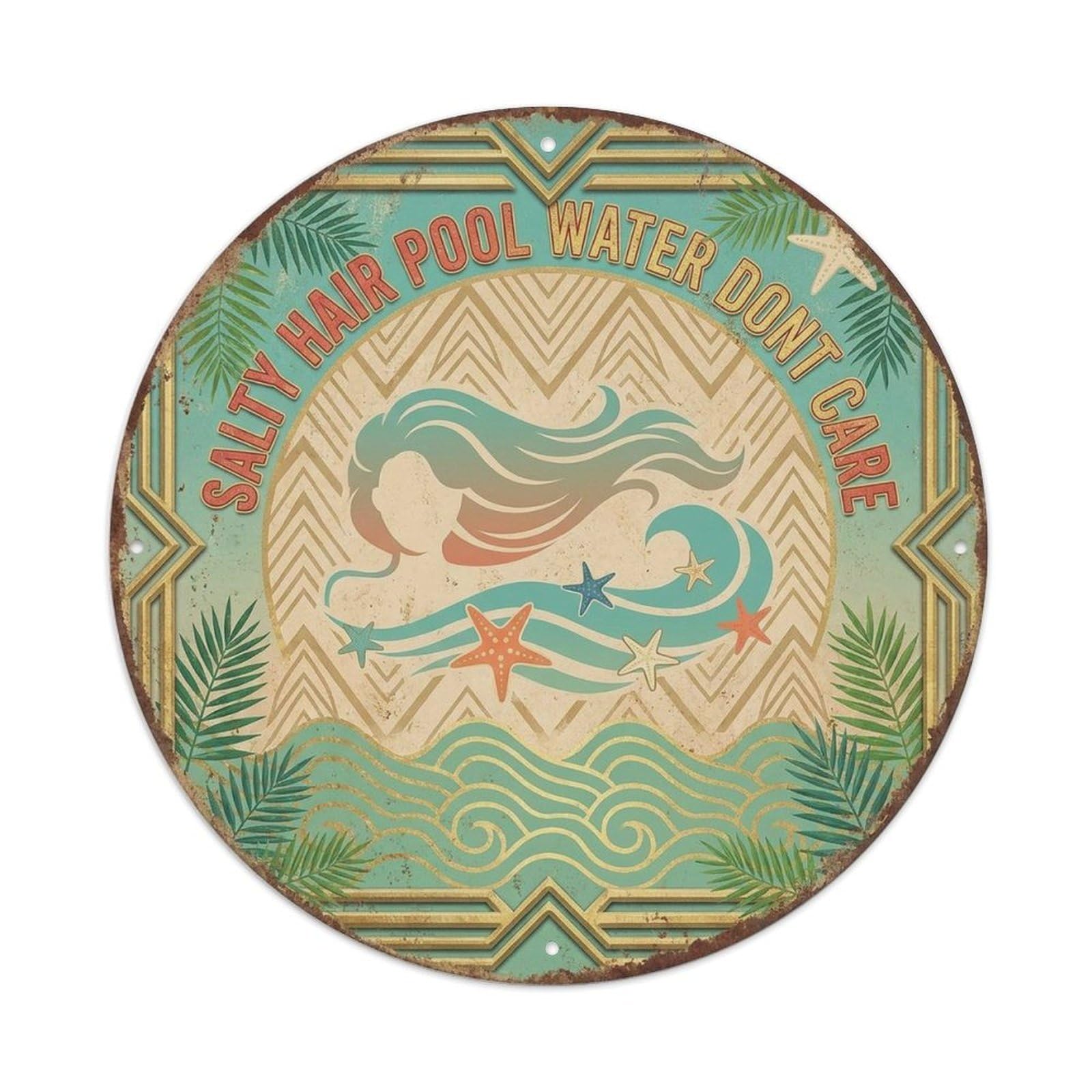 Salty Hair Coastal Mood Retro Beach Ocean Waves Metal Tin Sign Plaque Wall Decor for Cafe, Man Cave, Club Bar, Office, Home Garden Round Metal Poster 8x8Inch