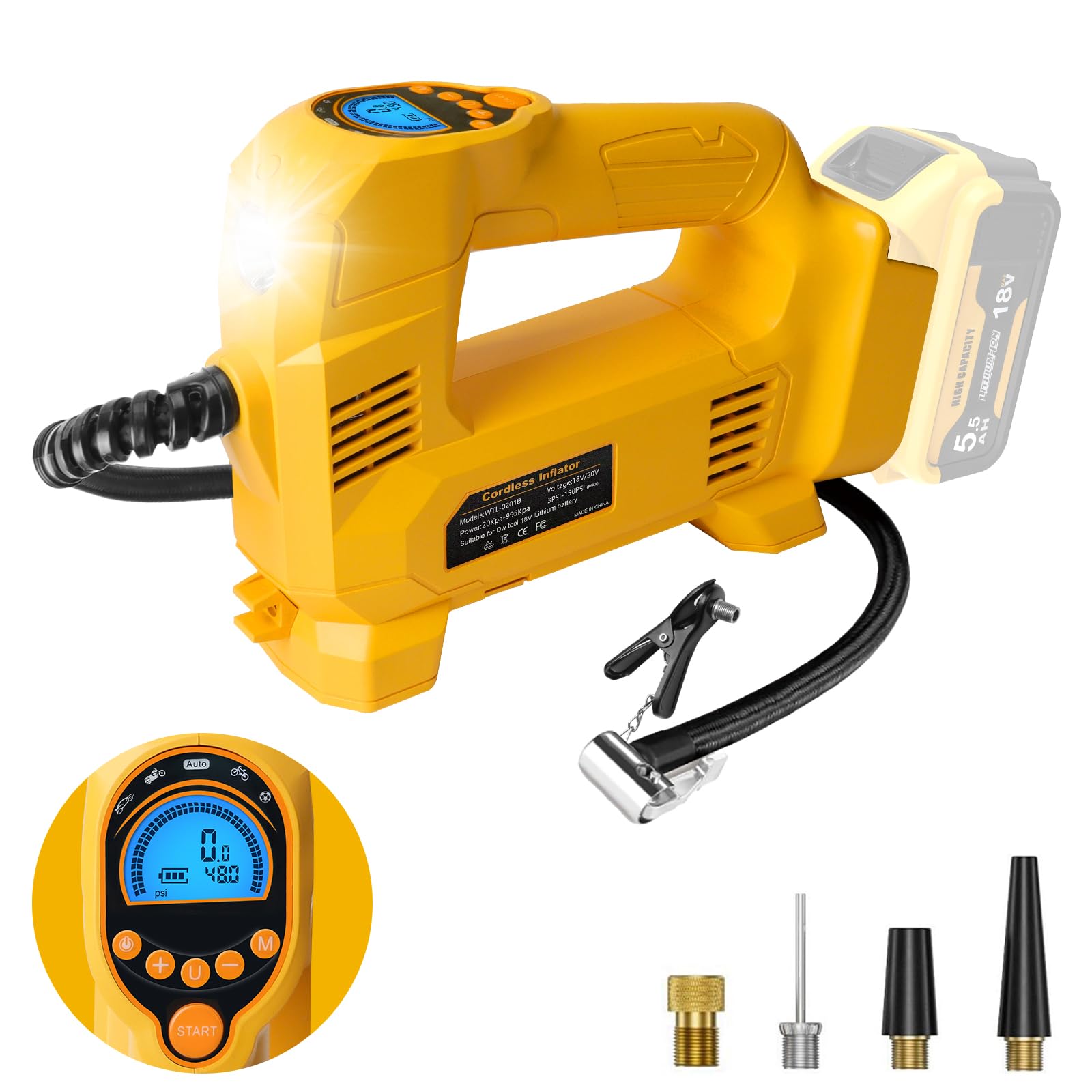 QUPERR compressore d’aria cordless compatibile con batteria Dewalt 18V, fino a 10,34 bar, con luce LED e arresto automatico, pompa portatile per auto, moto, bici e palloni (batteria non inclusa)