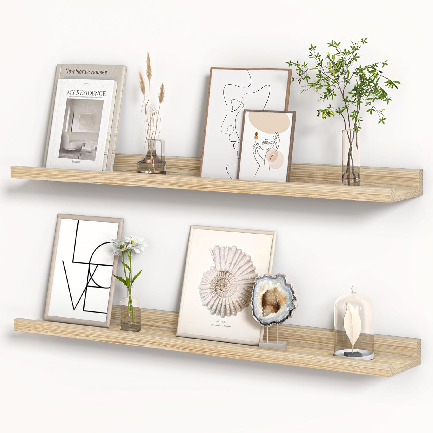 floating shelves for wall, picture ledge shelf 36 inch solid wood set of 2, rustic wall shelves with lip, kids bookshelf, photo & picture live edge floating shelves for bedroom, living room, kitchen 36''w, set of 2 natural