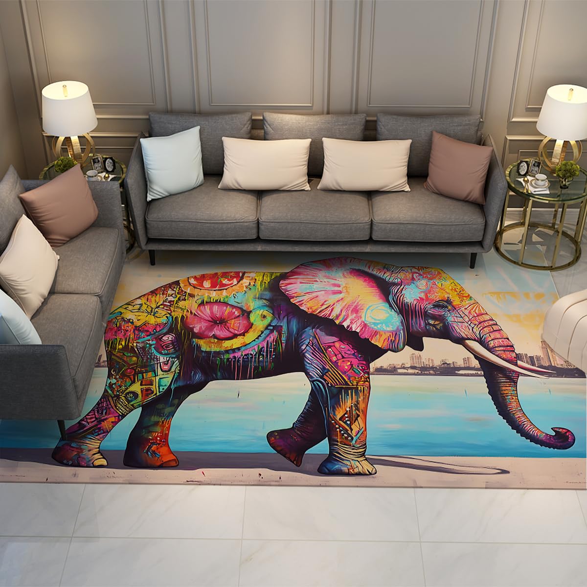 Grand tapis éléphant 160x200cm abstrait graffiti lavable mince et antidérapant