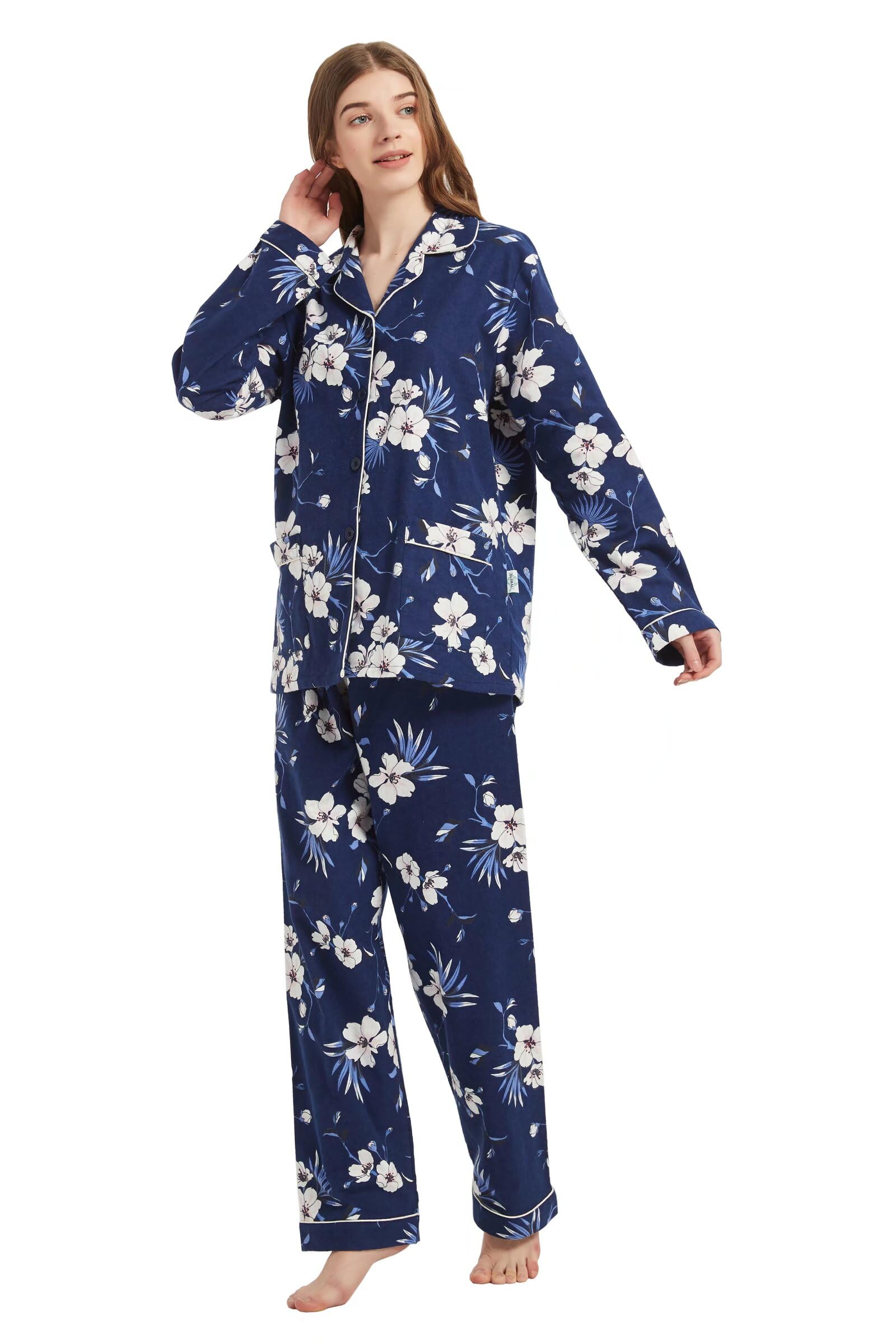 GLOBAL Femme Pyjama Flanelle Manches Long Ensembles de Pyjama Coton Chemises de Nuit Bouton Chaleureux Vêtements de Nuit Confortable