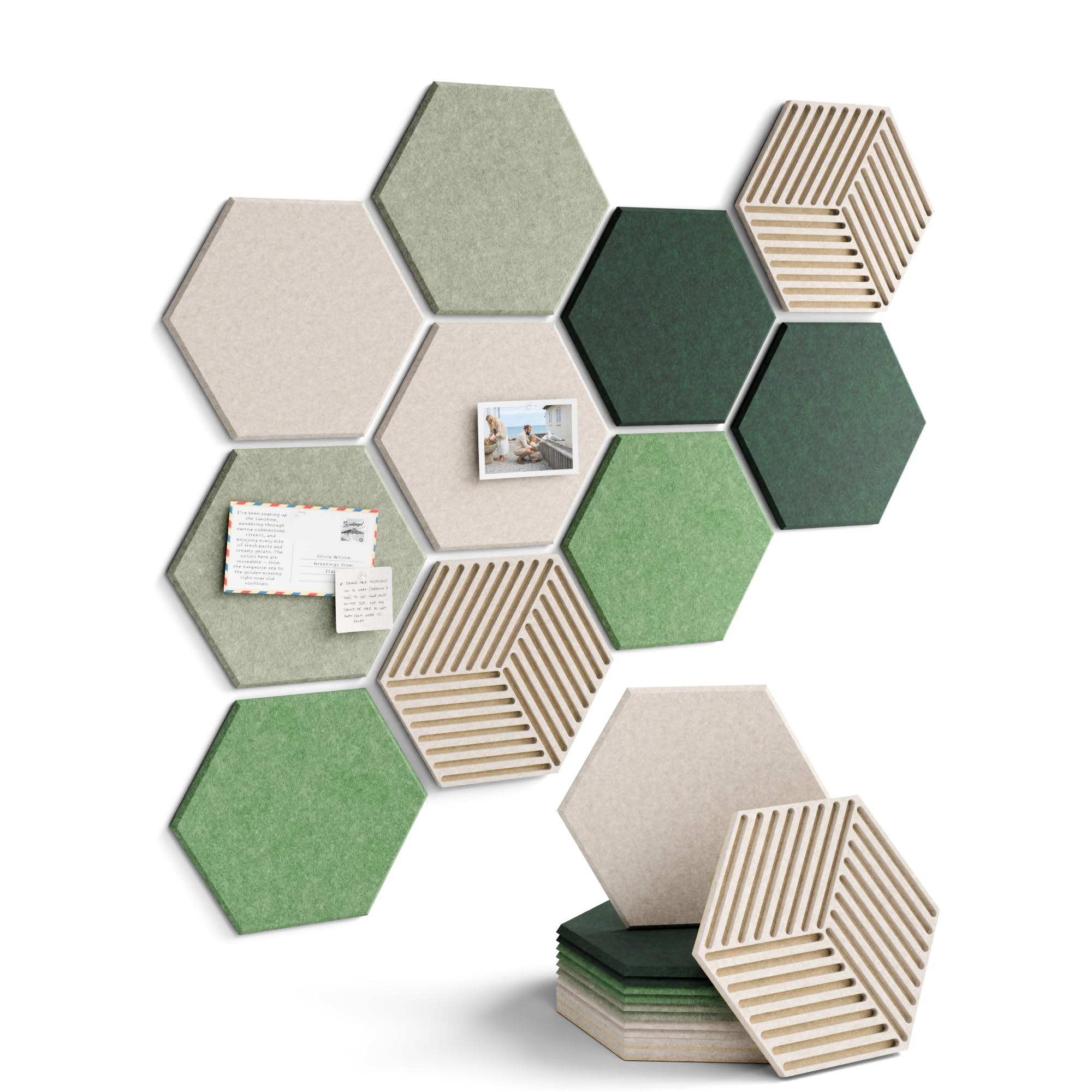 Fluxynara Hexagon Cork Board Alternative for Walls Decor-10-Pack Felt Bulletin Board Tiles,with 30 Pushpins,50 Adhesive Tabs for Office,Classrooms & Home Pin Board Felt Board-Sagewood
