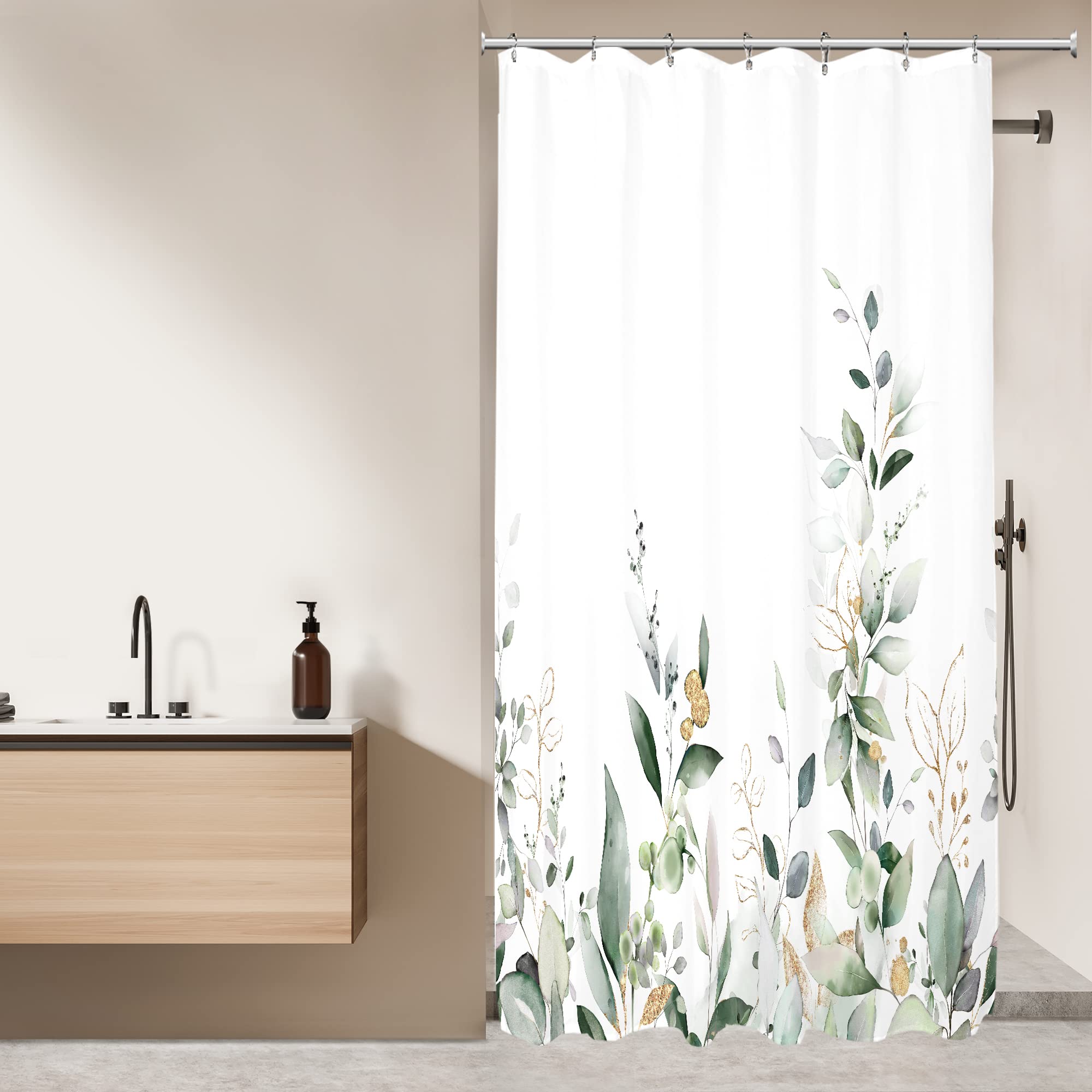 Glawry Small Stall Half Shower Curtain 36Wx72L Inches Walkin Rv Mini Sage Green Leaves Botanical Watercolor Plants Tiny Single Bathroom Curtains Mint Gold Floral Bath Accessories Art Home Decor Fabric